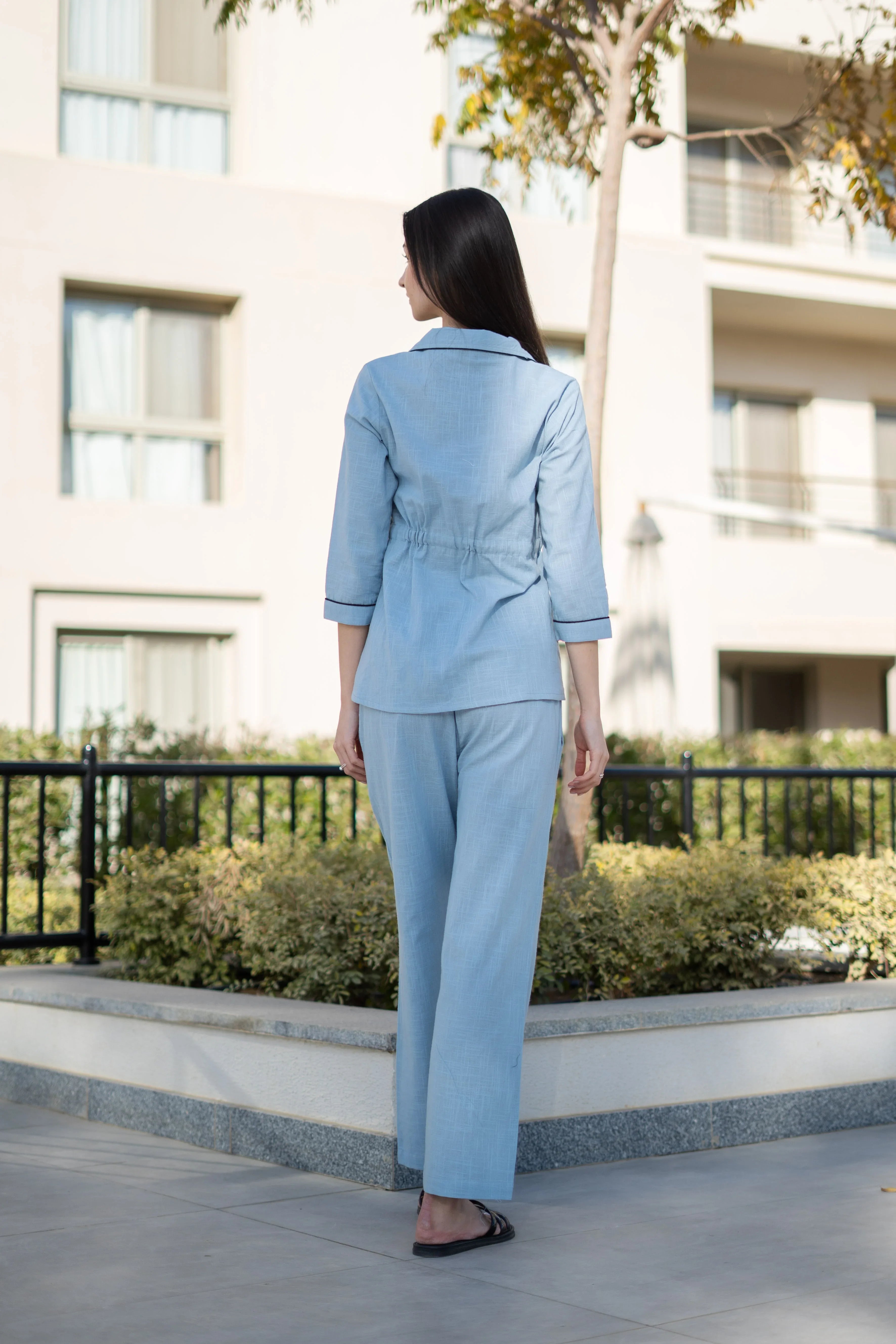 Women Solid Printed Blue Night Suit Set - SanskrutiHomes