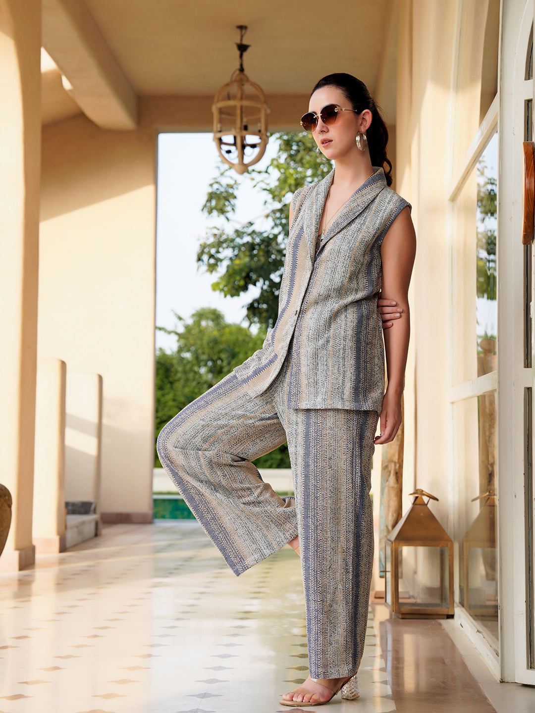 Blue V-Neck Polyester Striped Co-Ords Set For Women