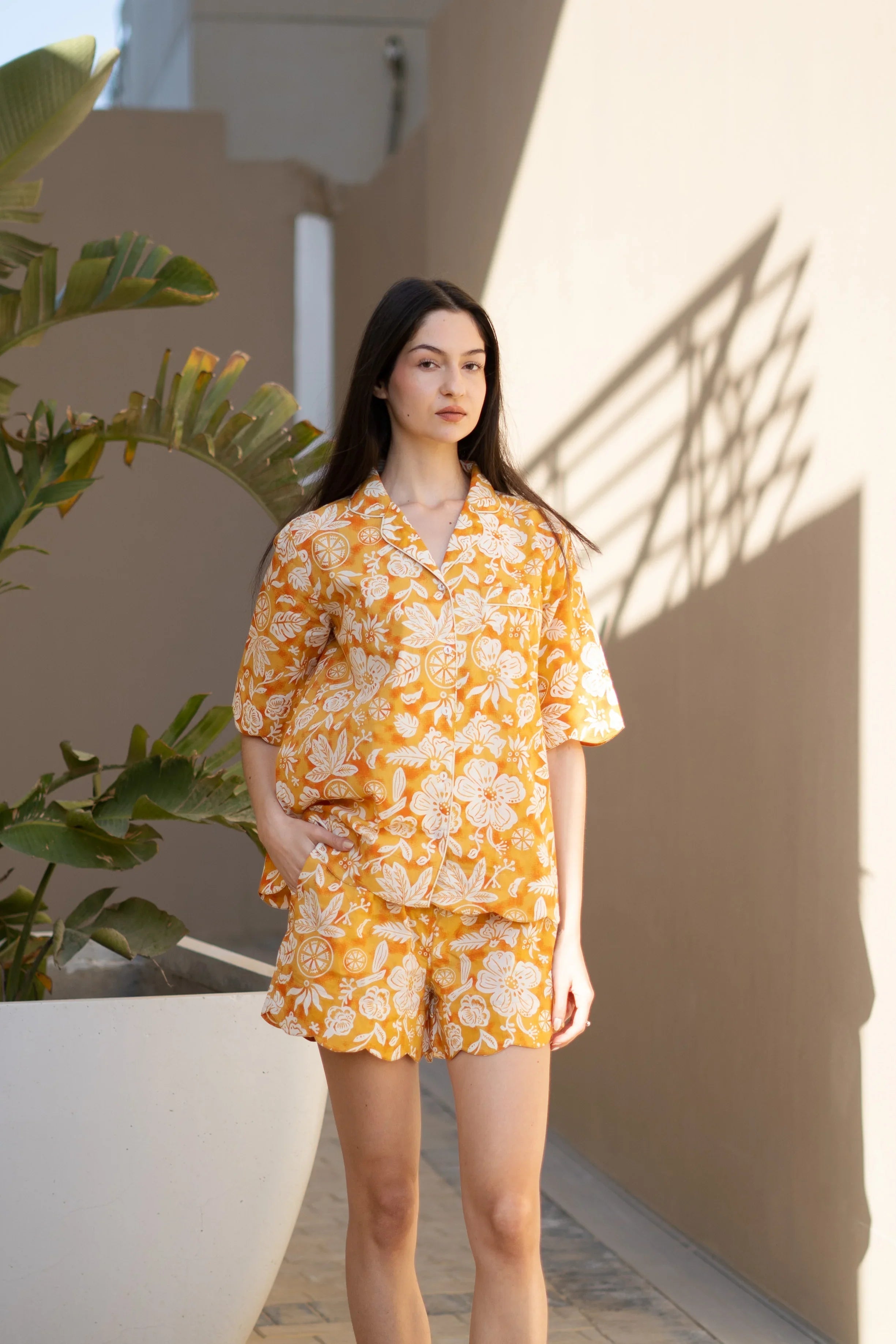 Orange Pure Cotton Printed Shirt Collar night suit for women - SanskrutiHomes