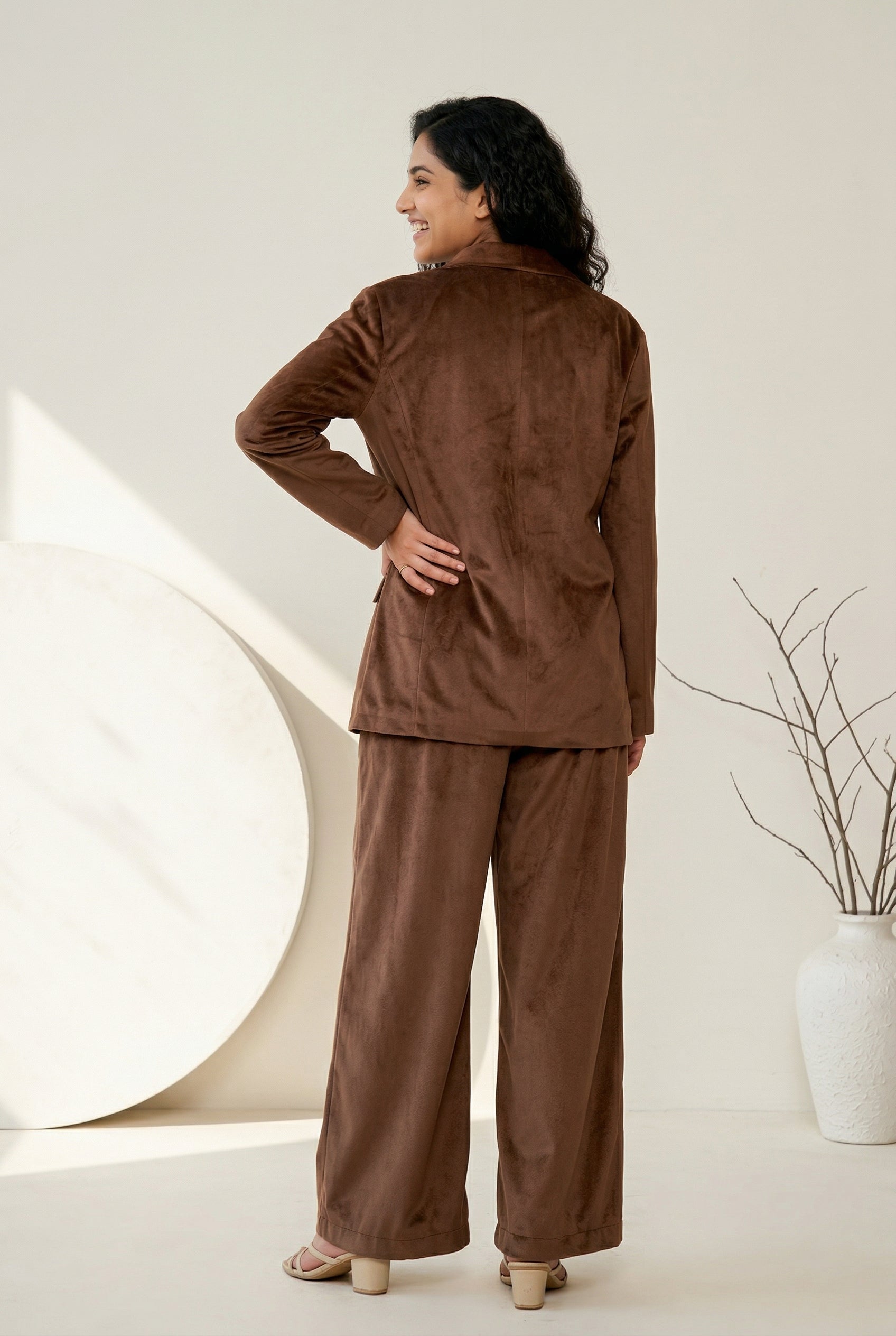 Brown Shirt Collar Solid Cotton Blend Co-Ord Set For Women