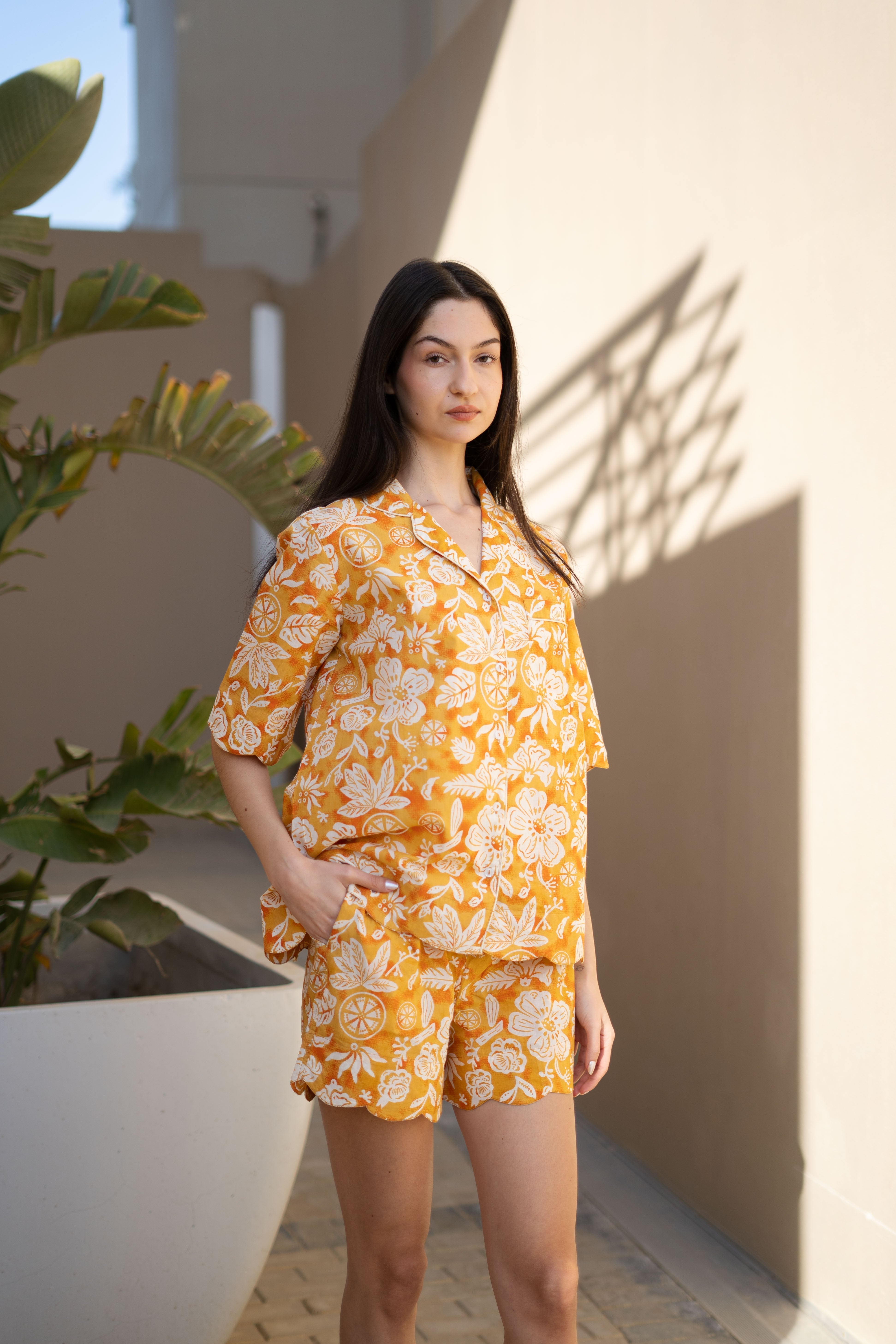 Orange Pure Cotton Printed Shirt Collar night suit for women - SanskrutiHomes