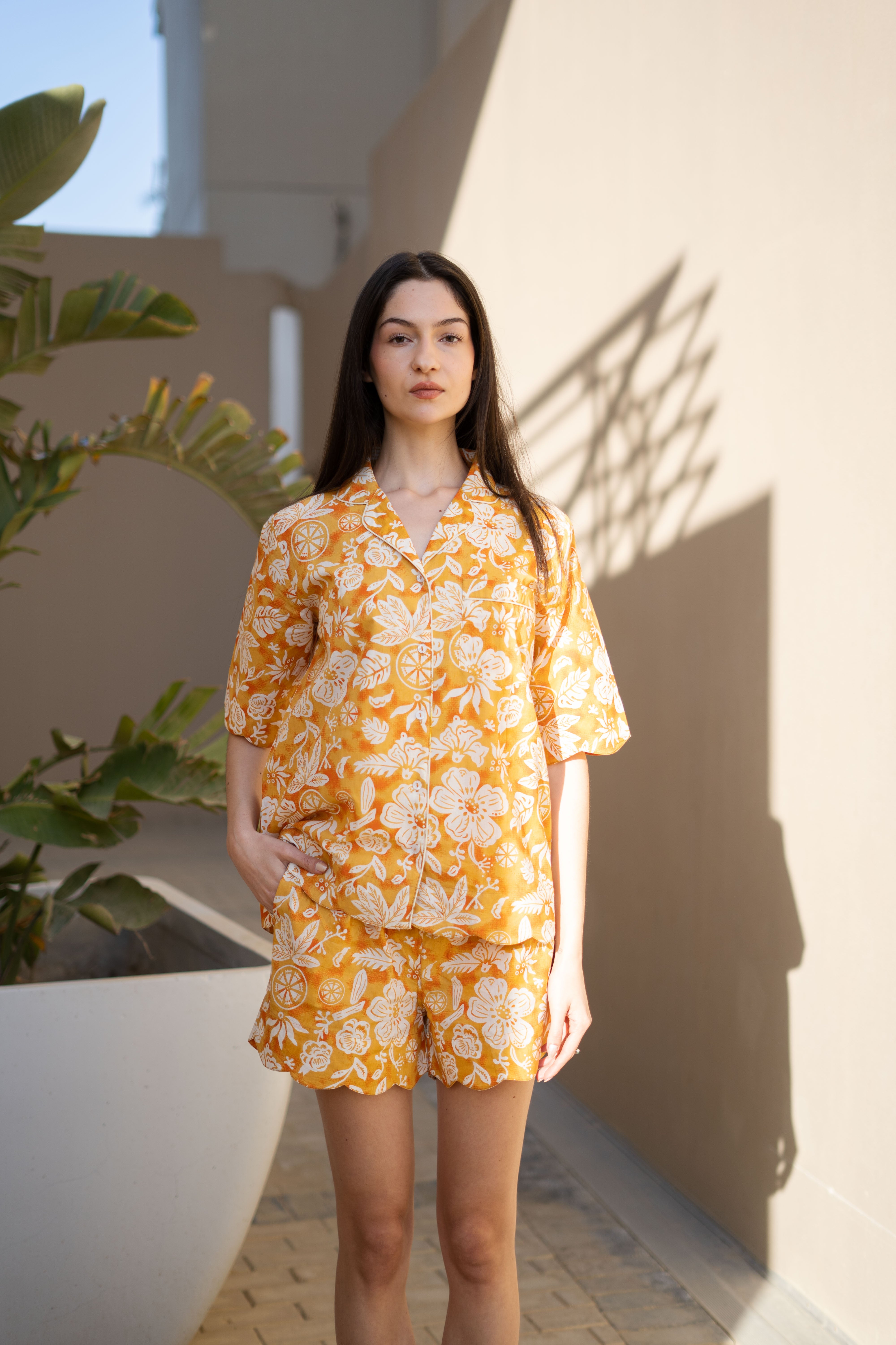 Orange Pure Cotton Printed Shirt Collar night suit for women
