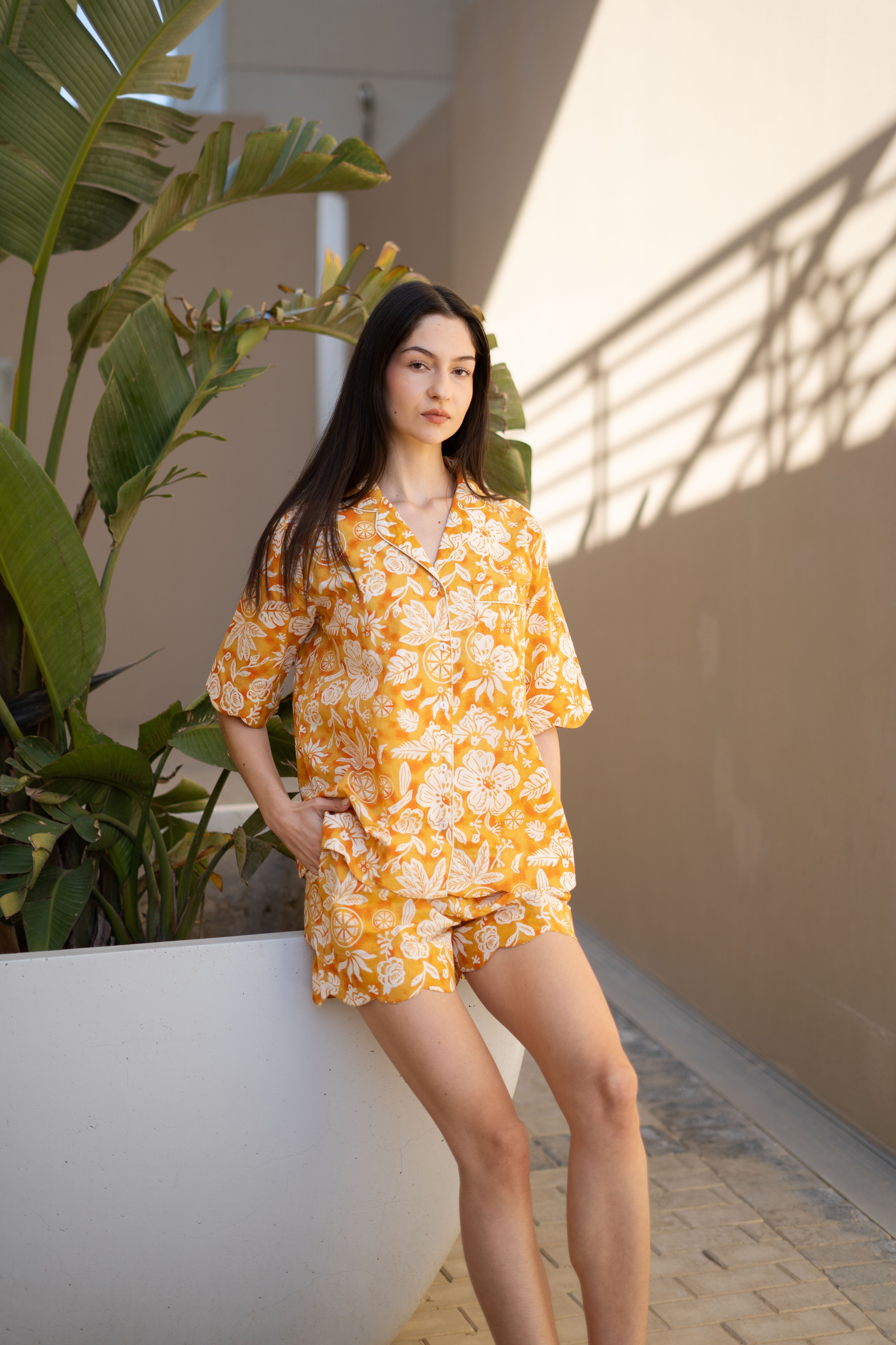 Orange Pure Cotton Printed Shirt Collar night suit for women - SanskrutiHomes