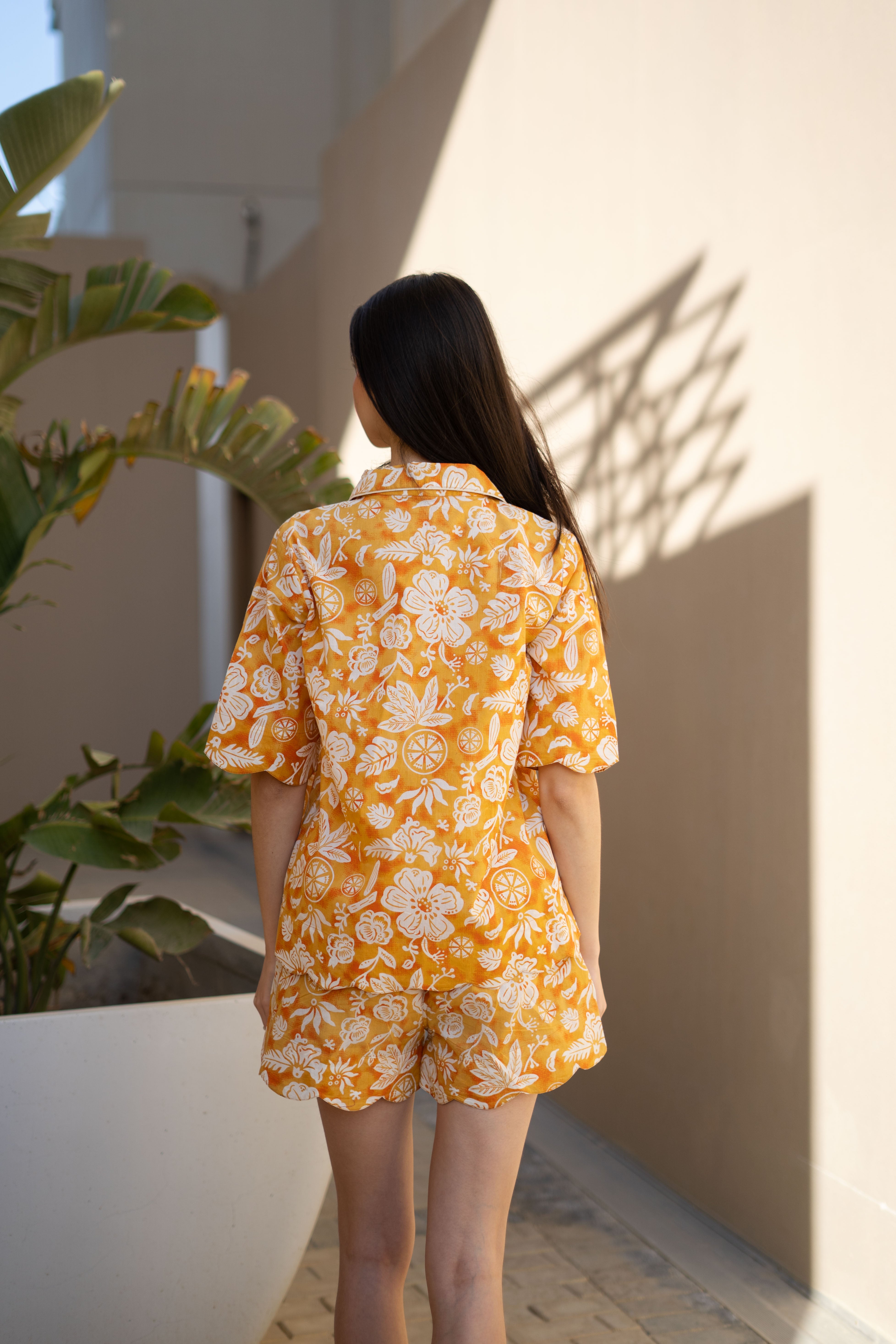 Orange Pure Cotton Printed Shirt Collar night suit for women