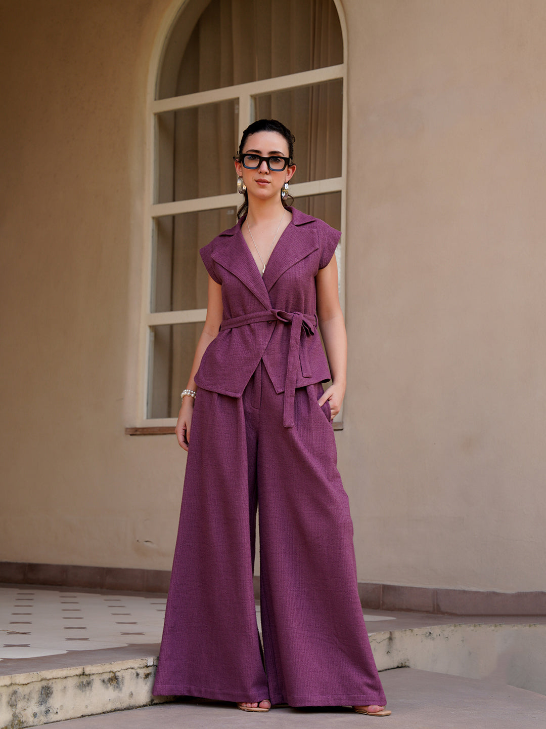 Magenta Shawl Neck Cotton Blend Solid Co-Ords Set For Women