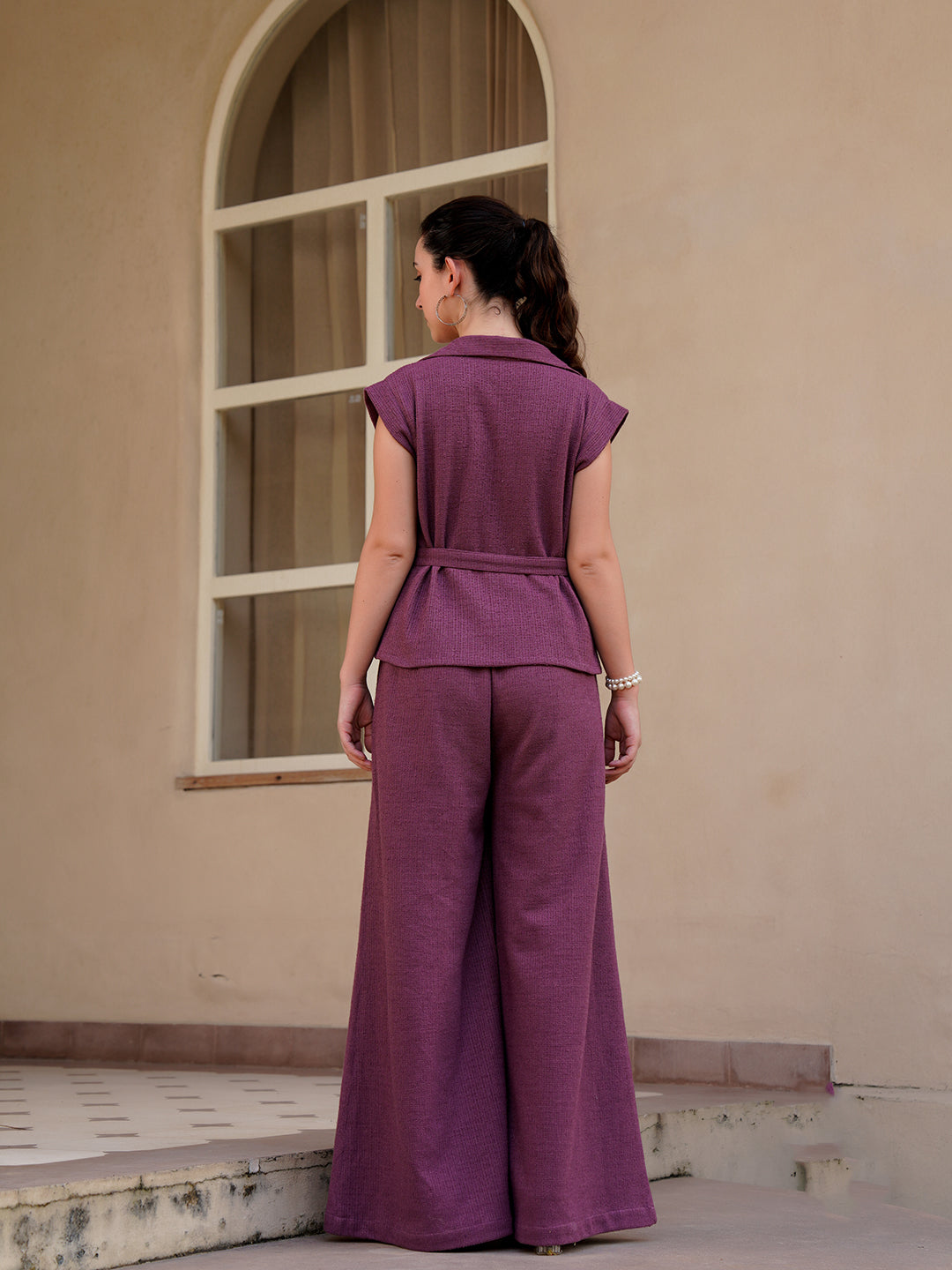 Magenta Shawl Neck Cotton Blend Solid Co-Ords Set For Women