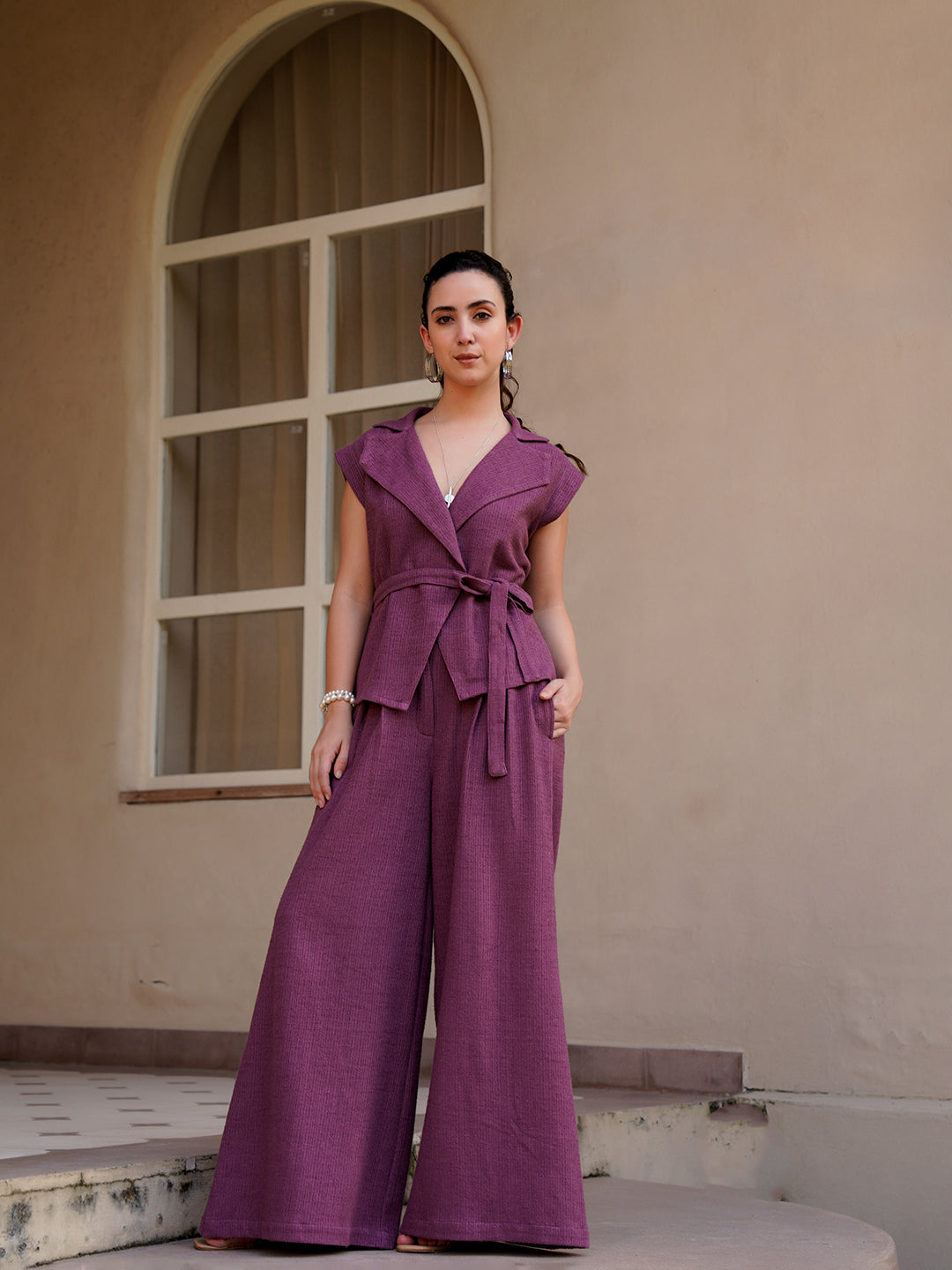 Magenta Shawl Neck Cotton Blend Solid Co-Ords Set For Women