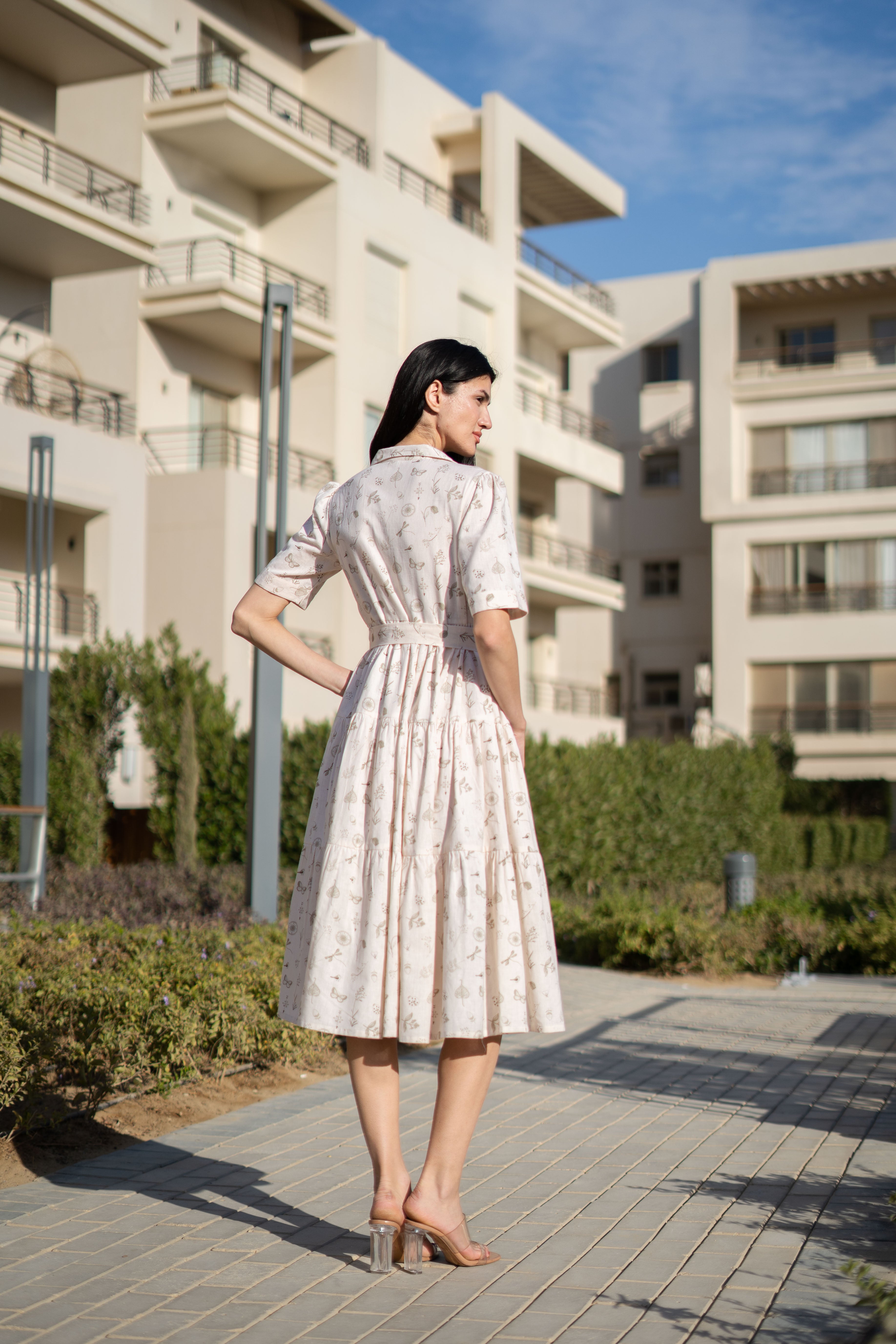 Beige Printed Cotton Dress for Women
