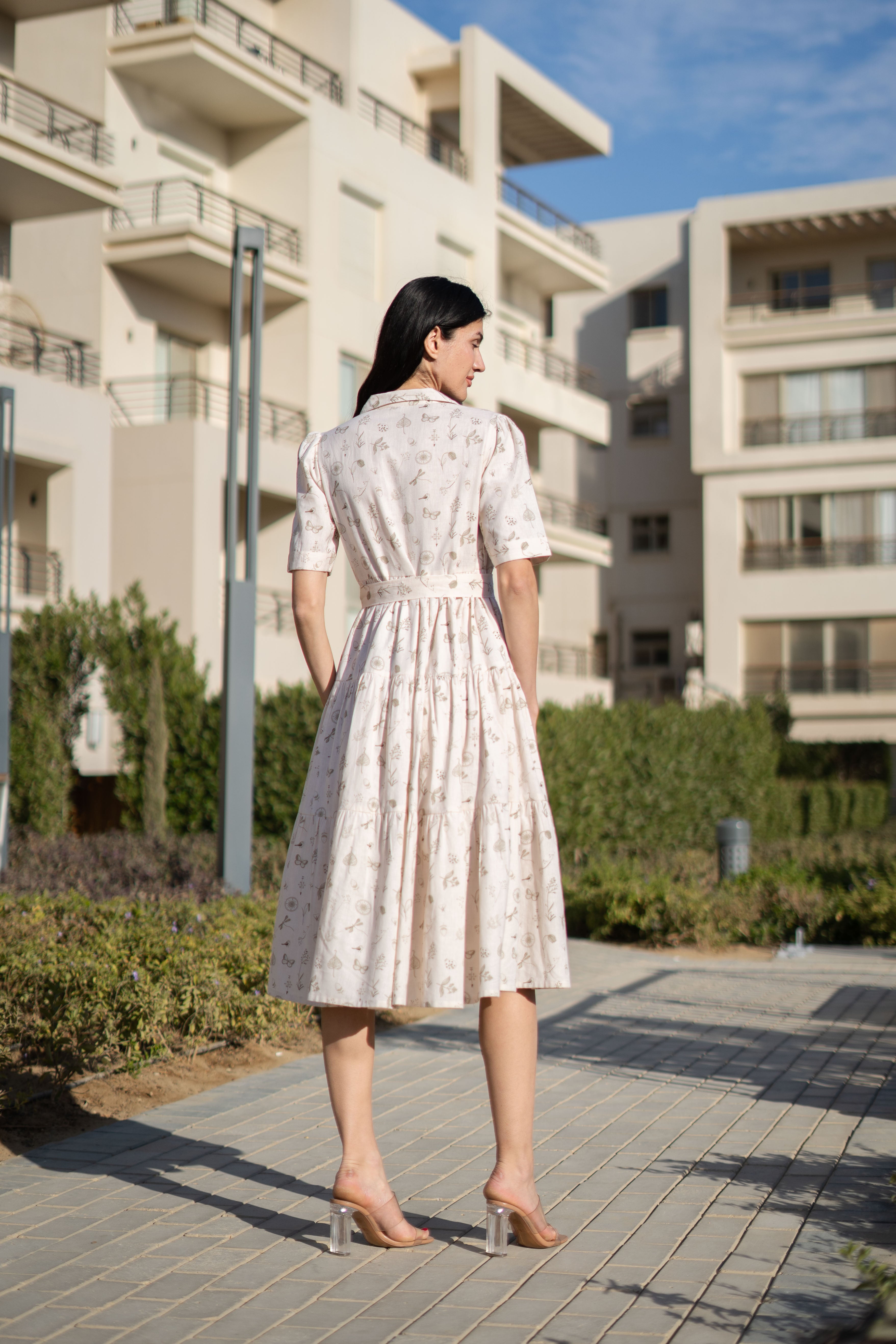 Beige Printed Cotton Dress for Women