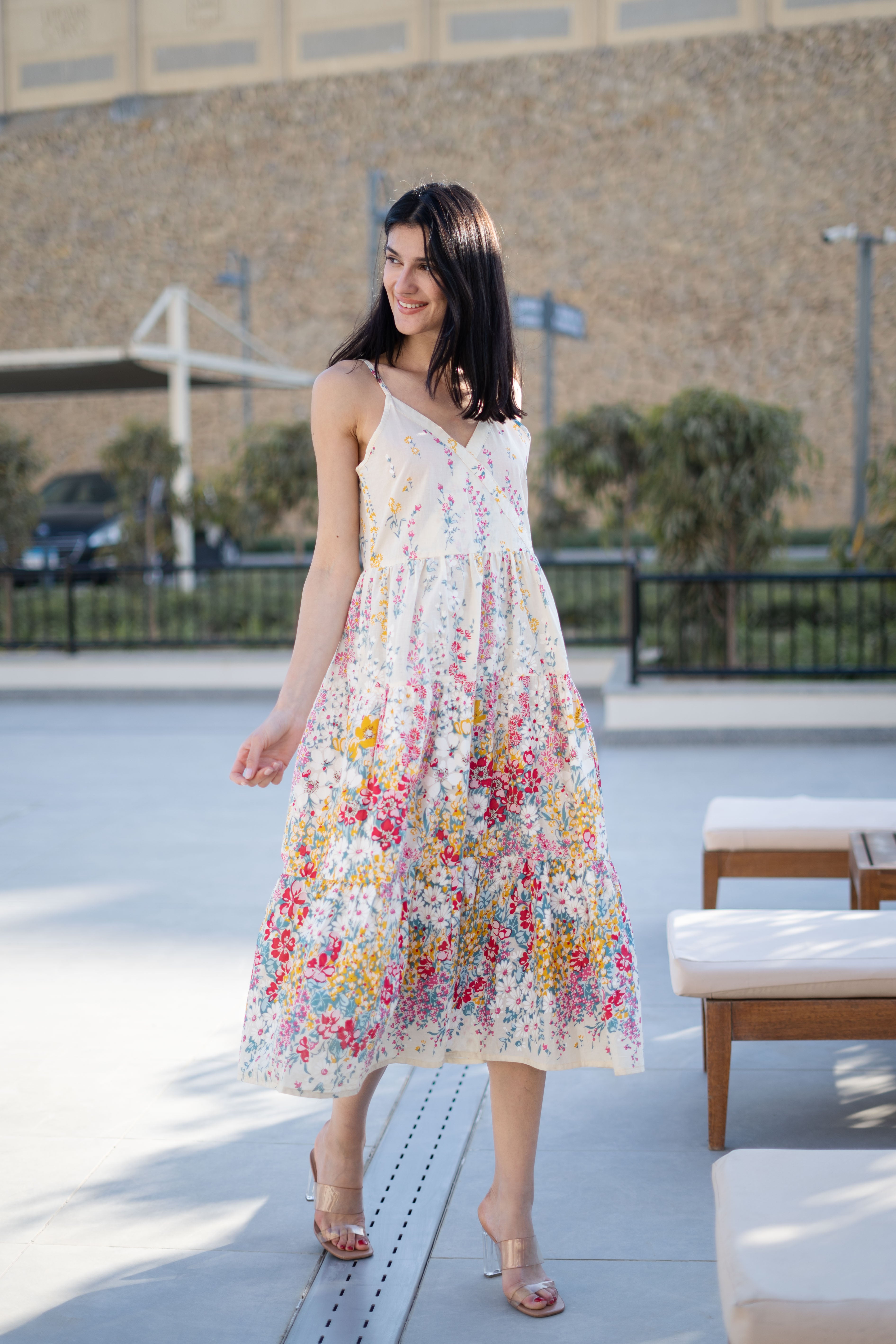 White Printed Sleeveless Dress for Women