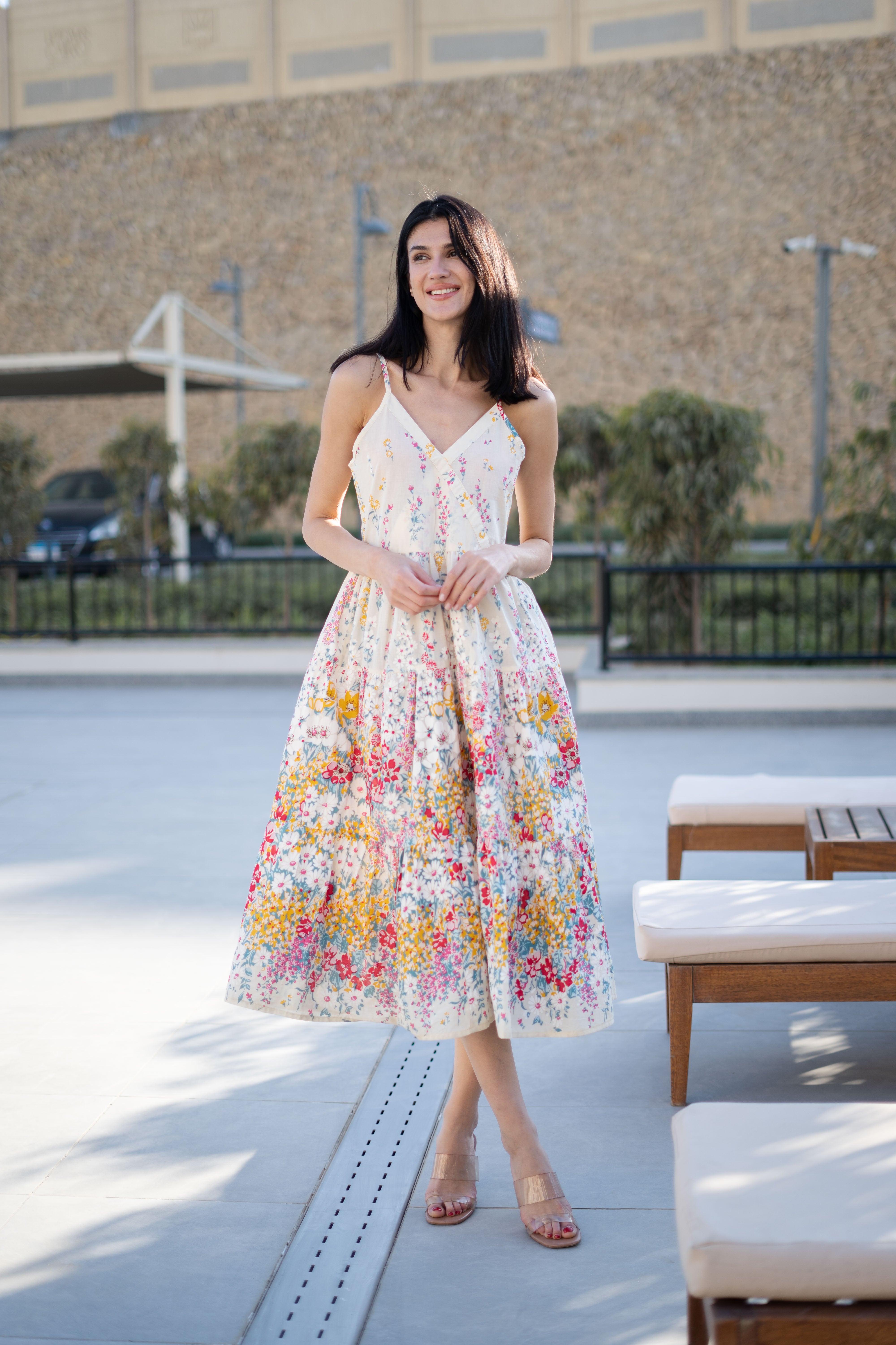 White Printed Sleeveless Dress for Women