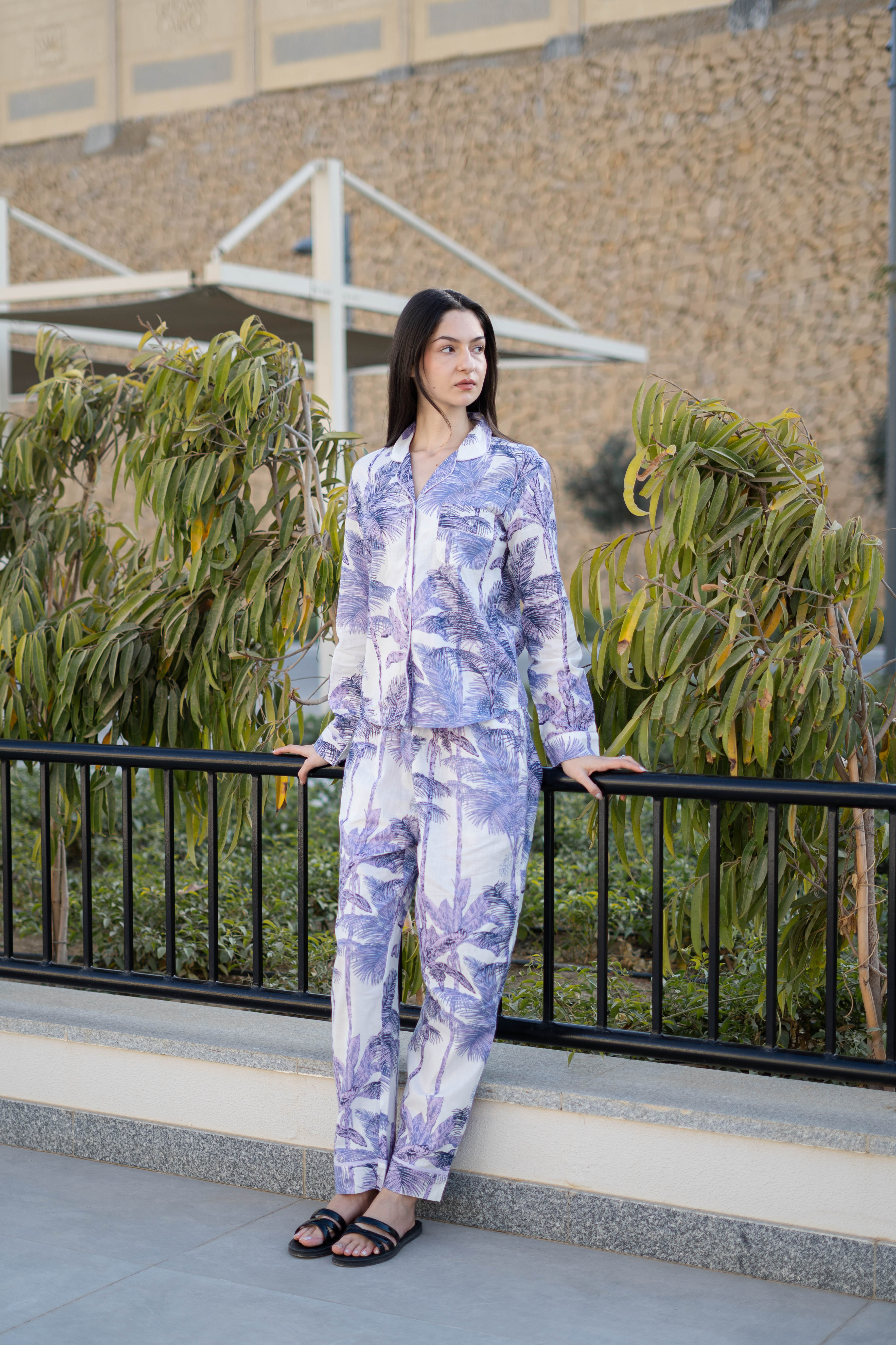 Off White Pure Cotton Printed Lapel Collar Night Suit For Women