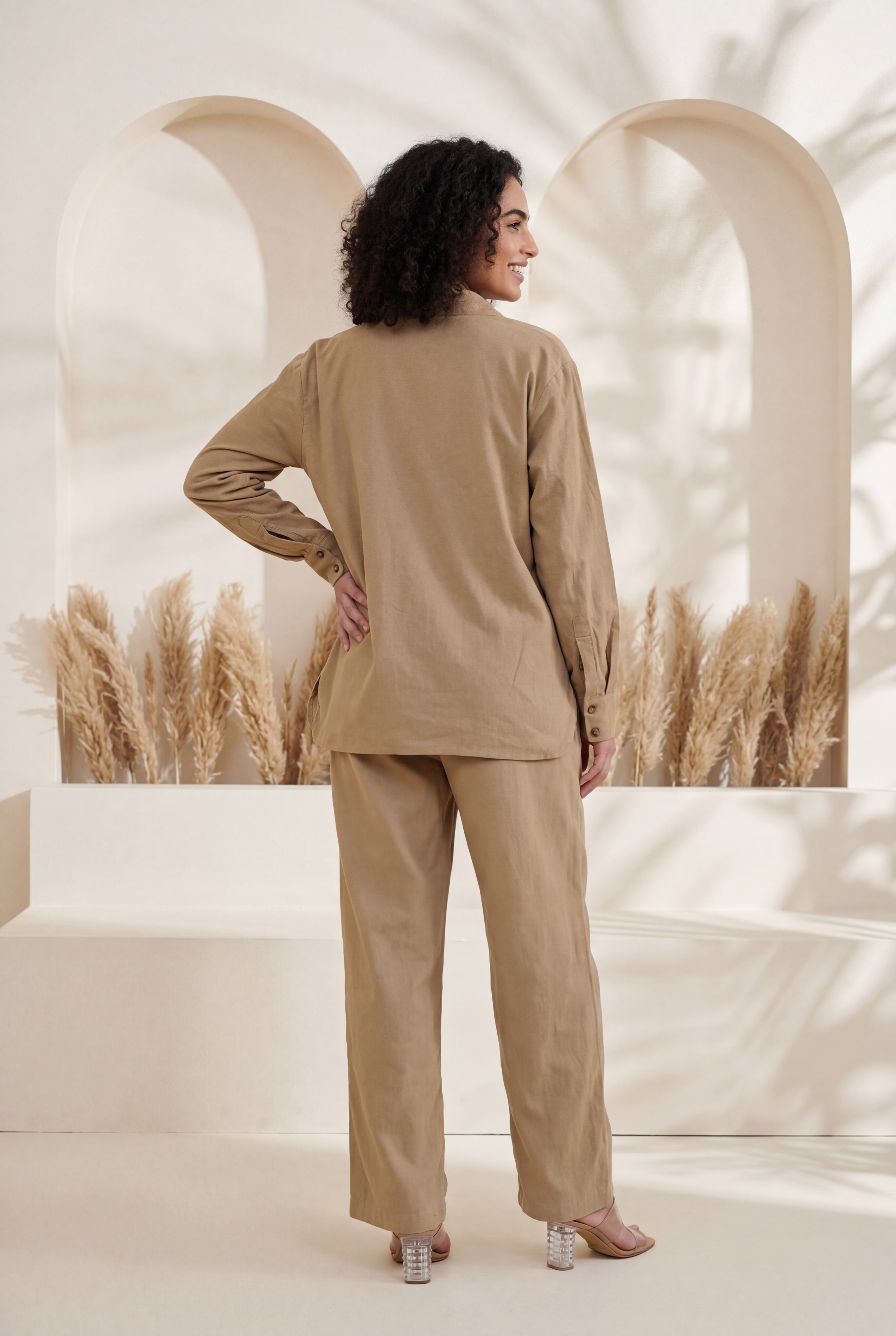 Beige Solid Mandarin Collar Cotton Blend Night Suit For Women