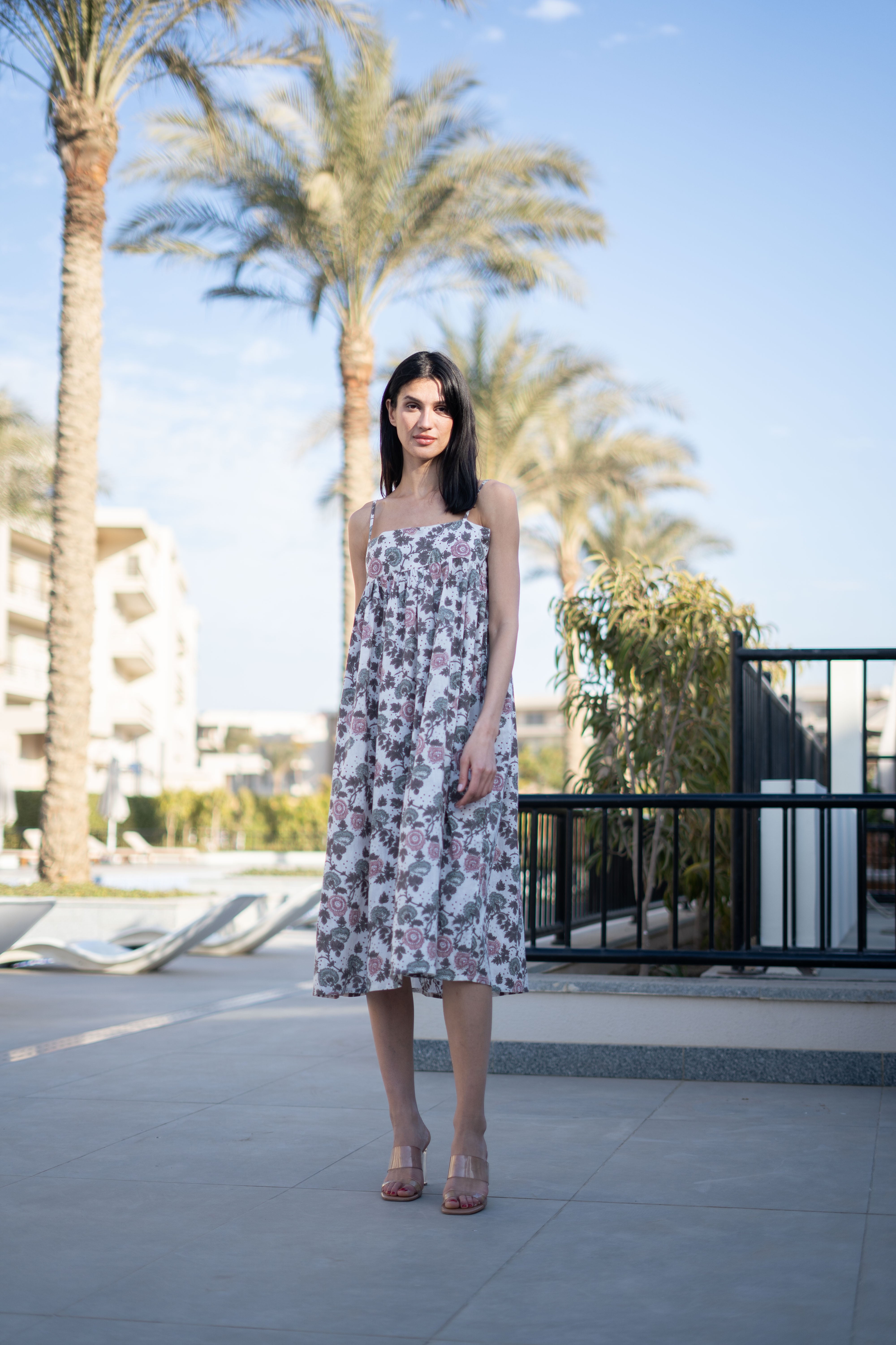 Off White Floral Printed Cotton Dress For Women