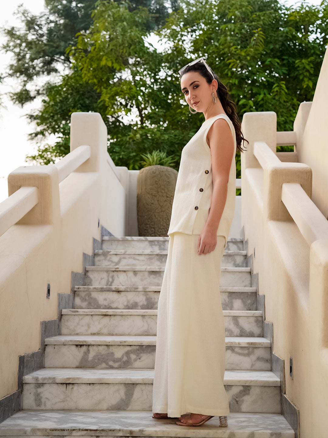 Cream Round Neck Cotton Blend Solid Co-Ords Set For Women