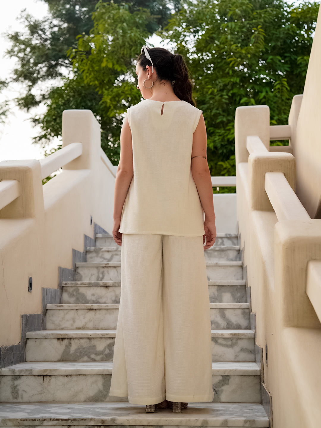 Cream Round Neck Cotton Blend Solid Co-Ords Set For Women