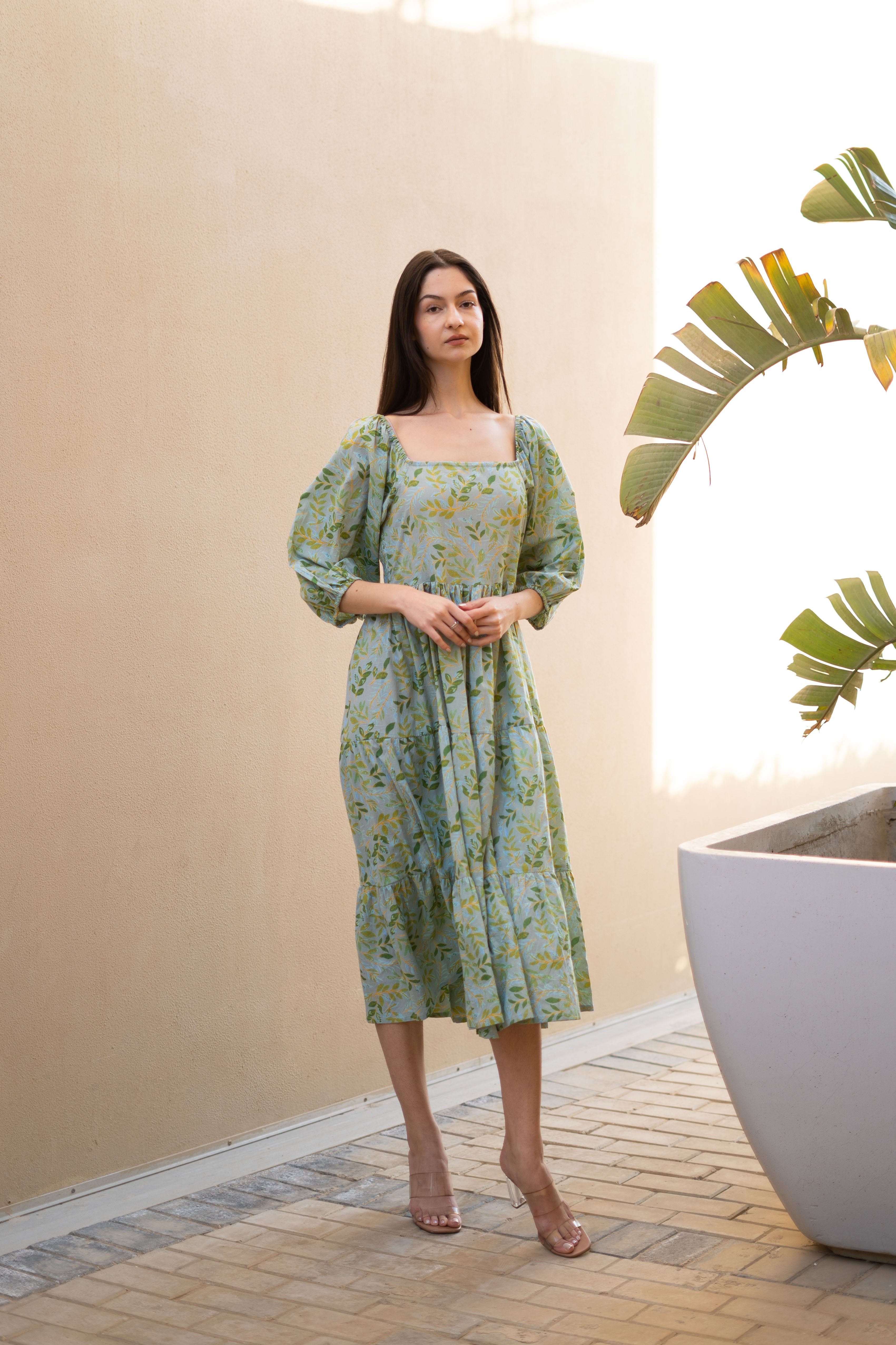 Women Cotton Grey Floral Printed Dress