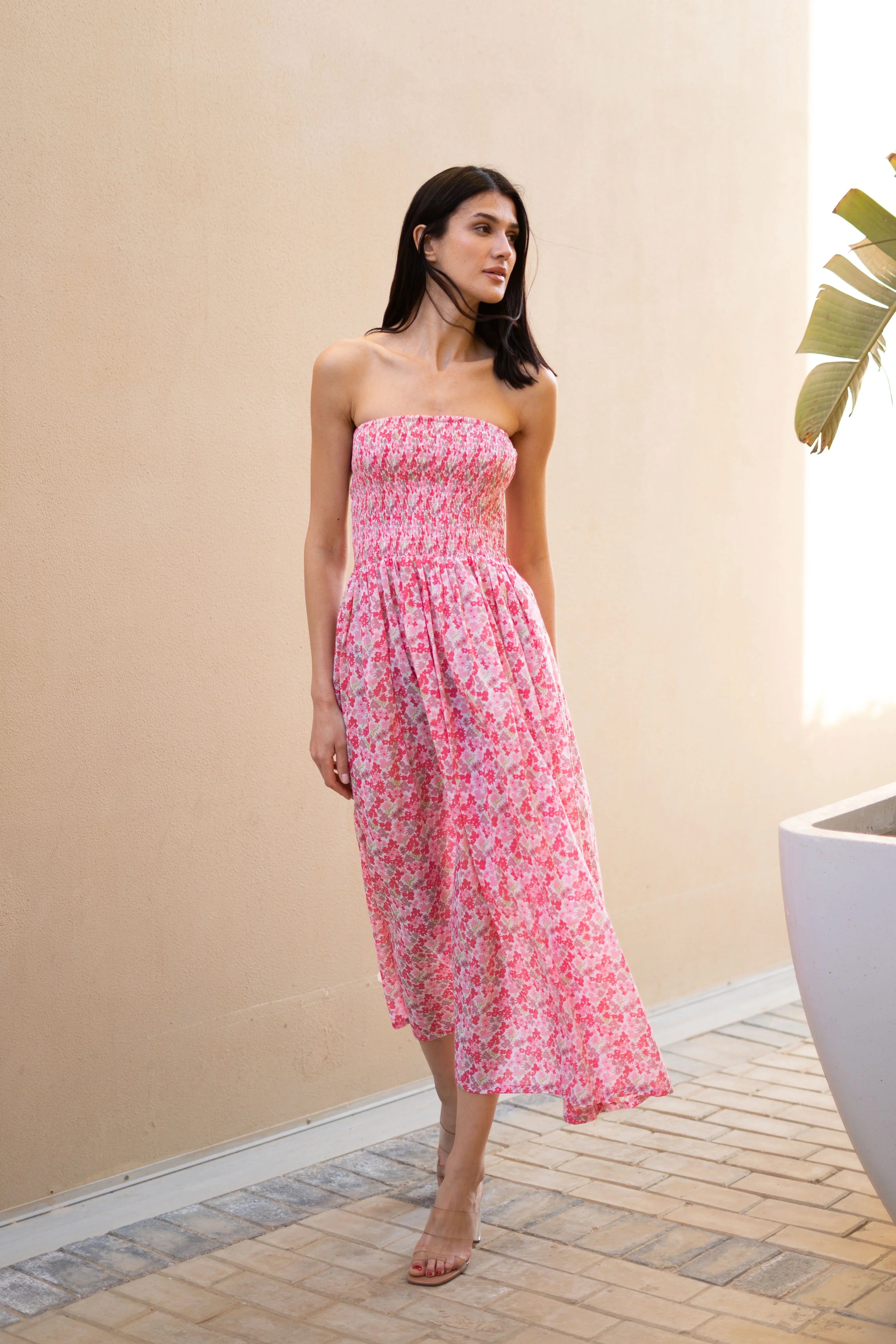 Women Off-Shoulder Pink Printed Dress - SanskrutiHomes
