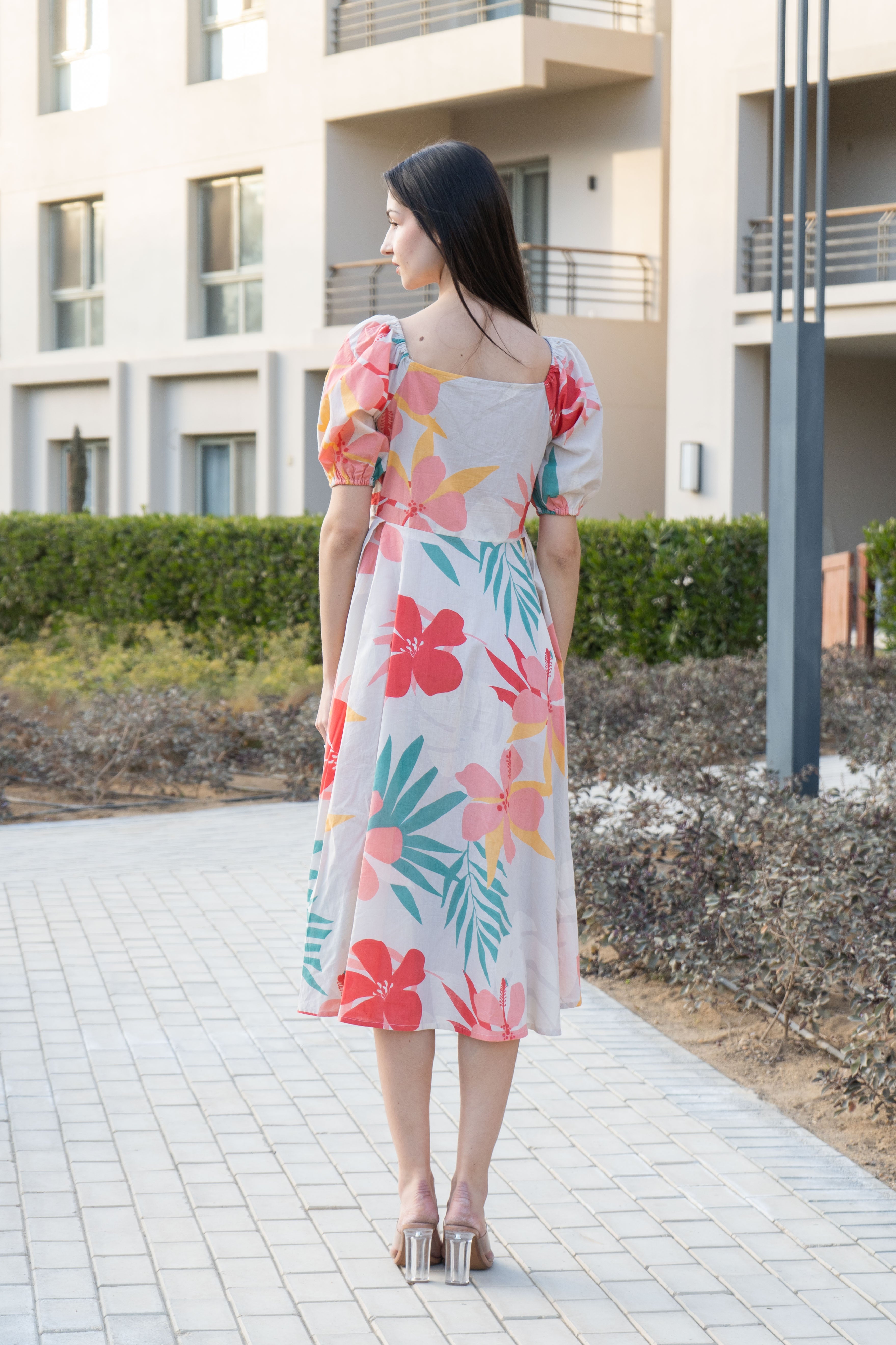 Off White Floral Printed Square Neck Dress