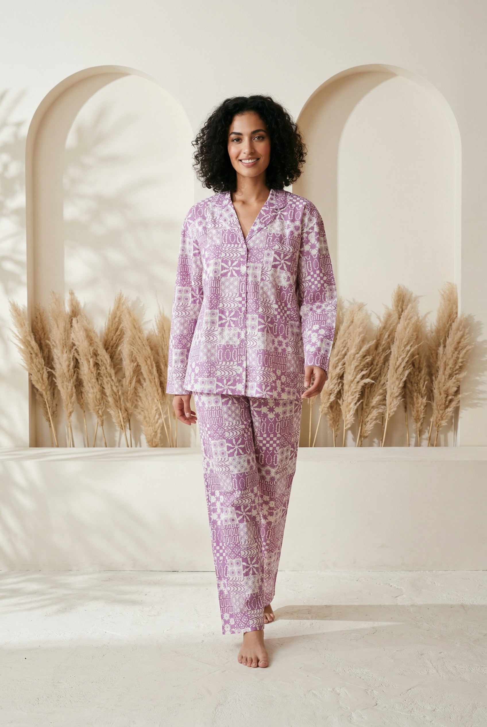 Purple Abstract Print Shirt Collar Pure Cotton Night Suit For Women