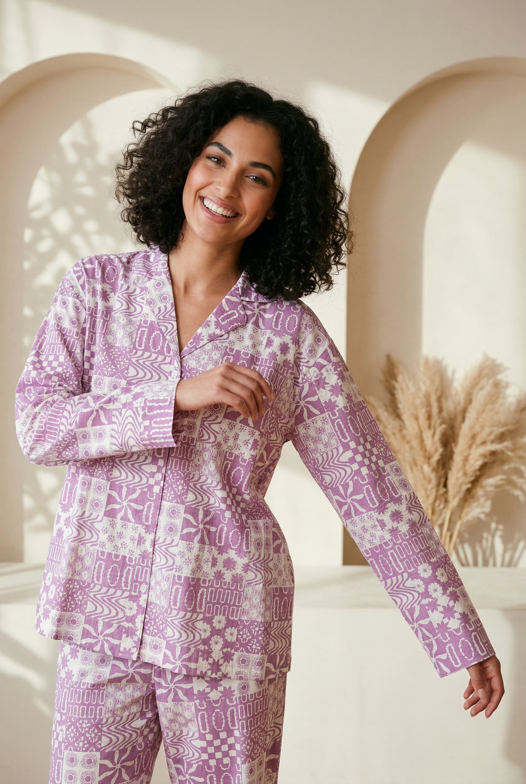 Purple Abstract Print Shirt Collar Pure Cotton Night Suit For Women