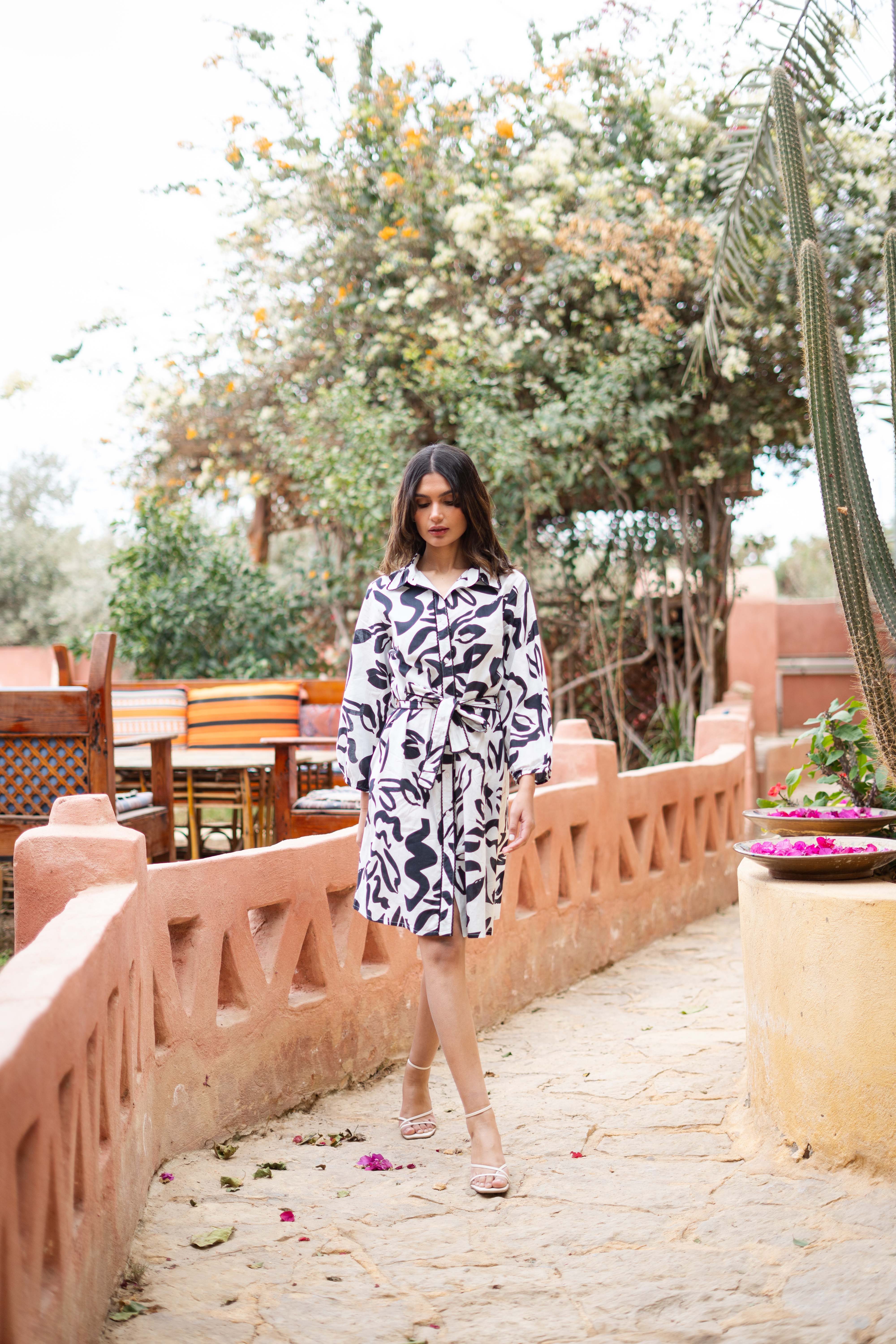 Black Printed Shirt Collar Dress For Women