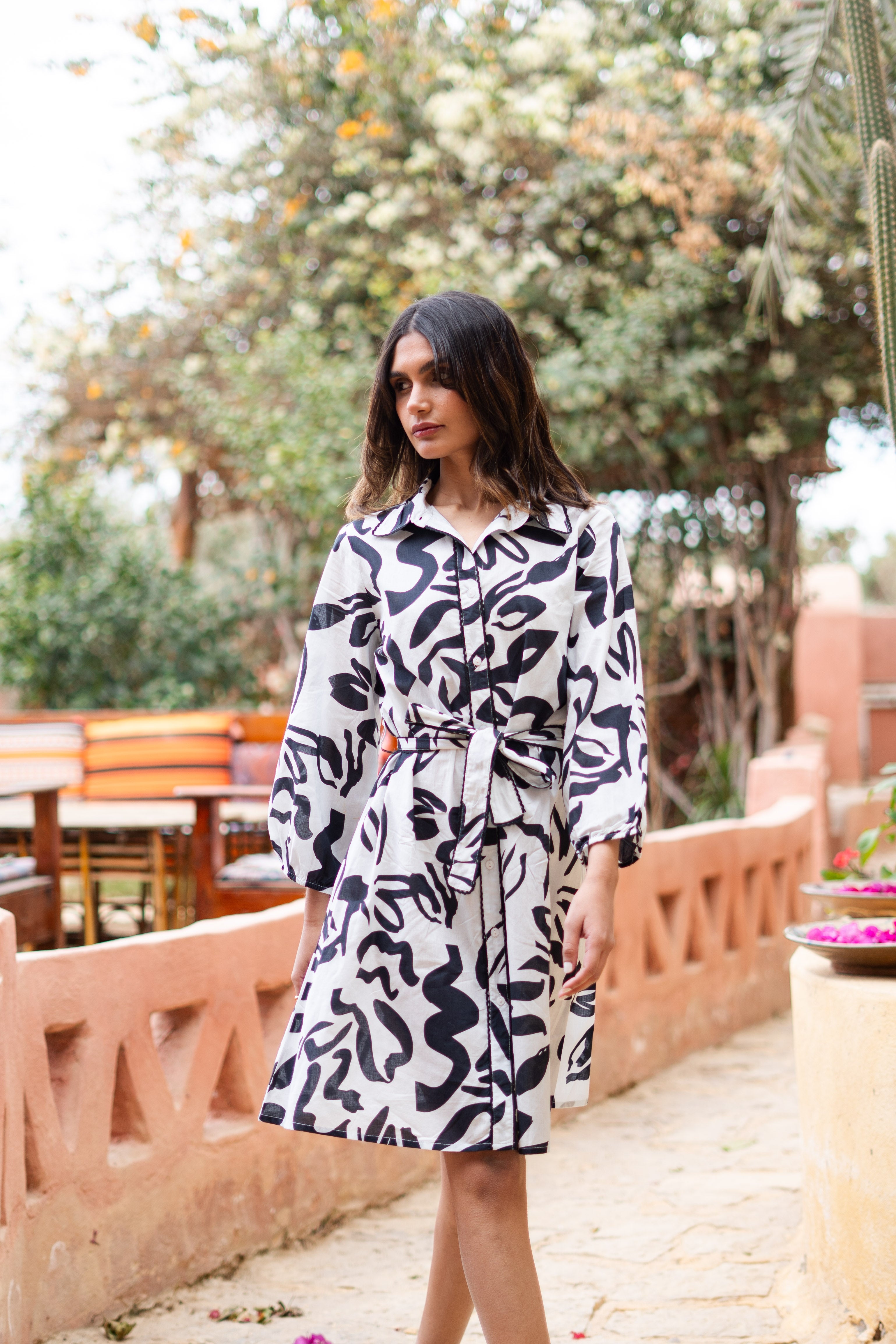 Black Printed Shirt Collar Dress For Women