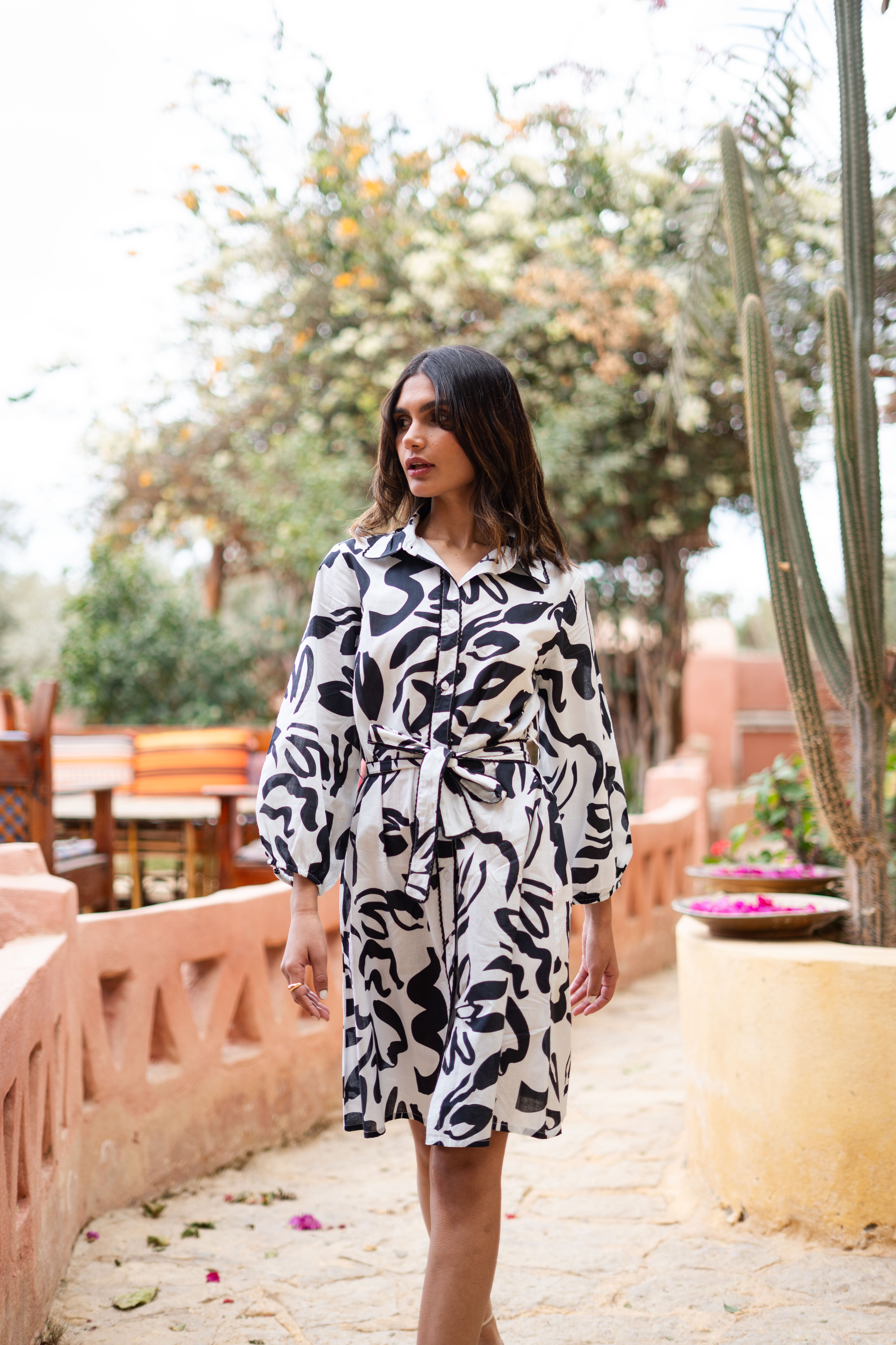Black Printed Shirt Collar Dress For Women