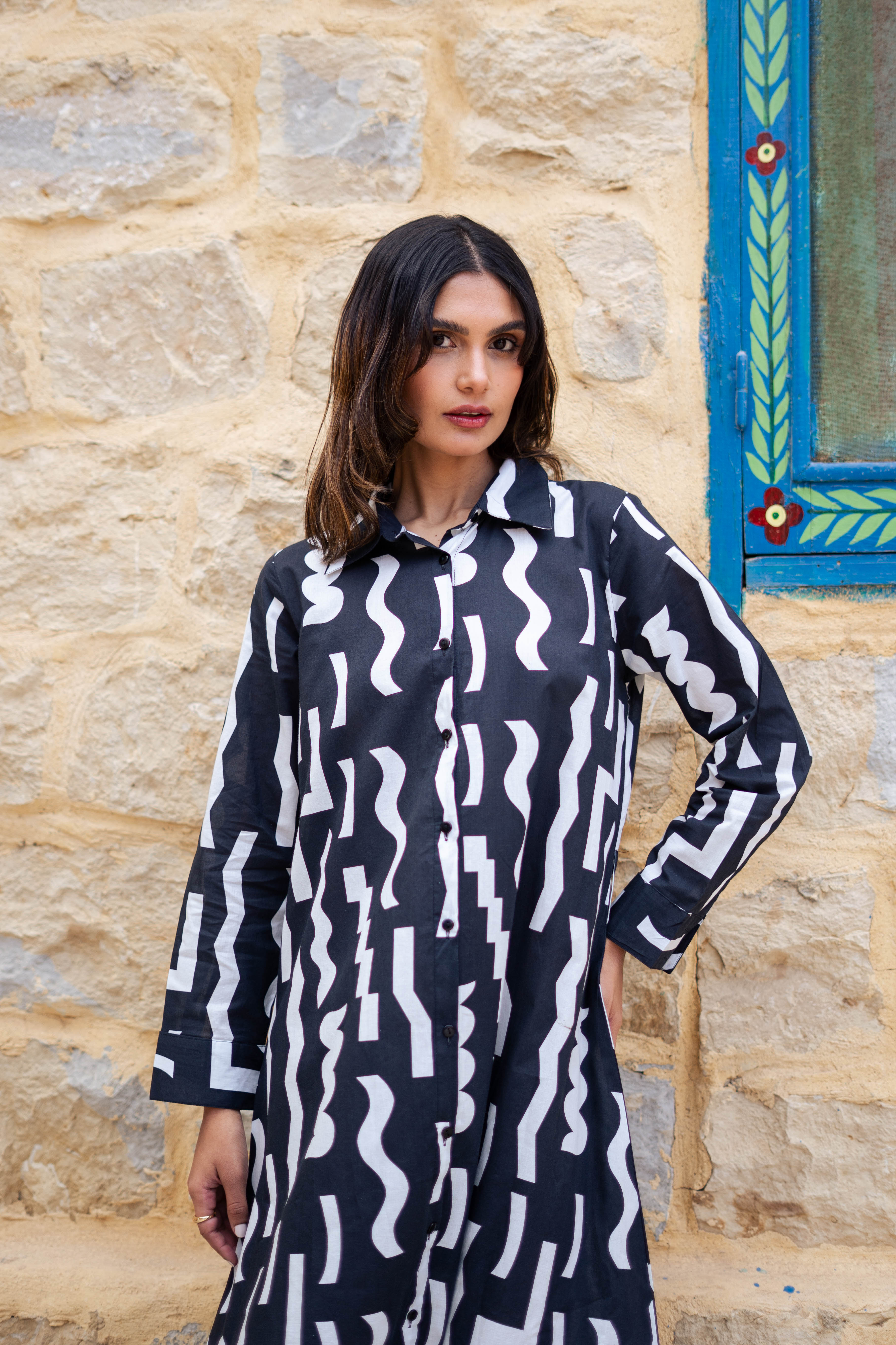 Black Cotton Shirt Collar Abstract Printed Dress For Women