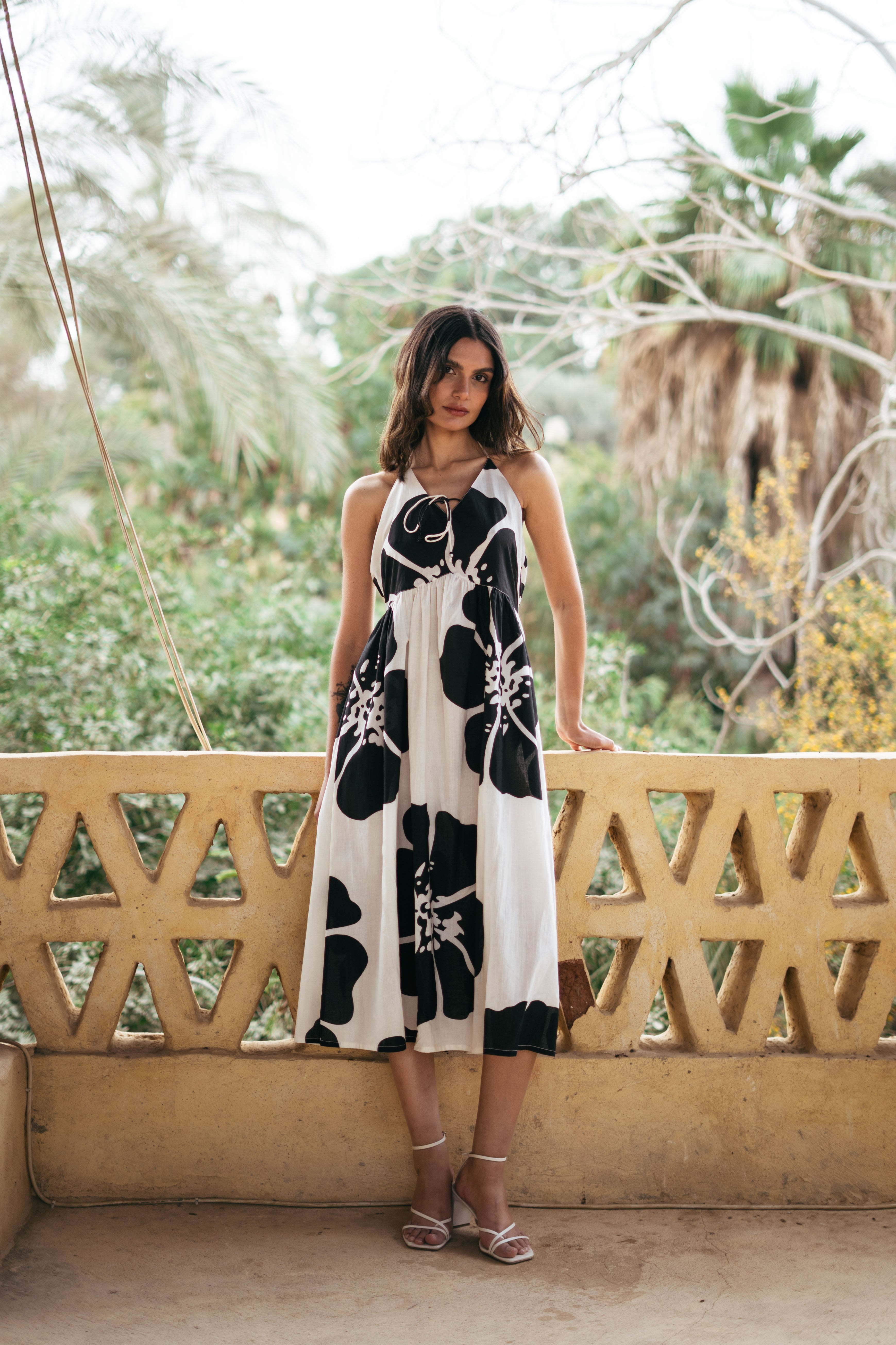 Black Pure Cotton Printed Tie Up Neck Dress For Women