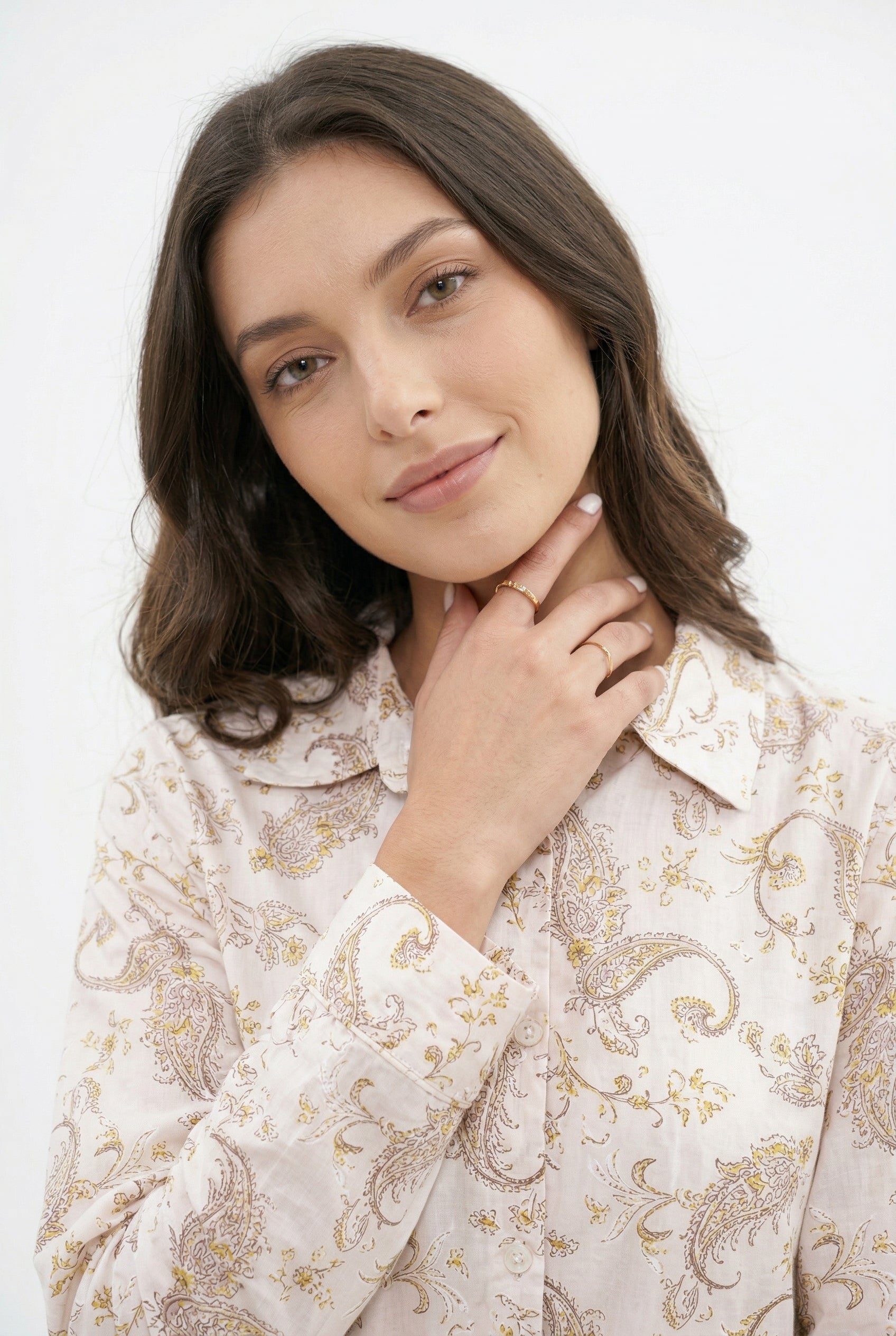 Cream Shirt Collar Motif Print Pure Cotton Co-ords Set for Women