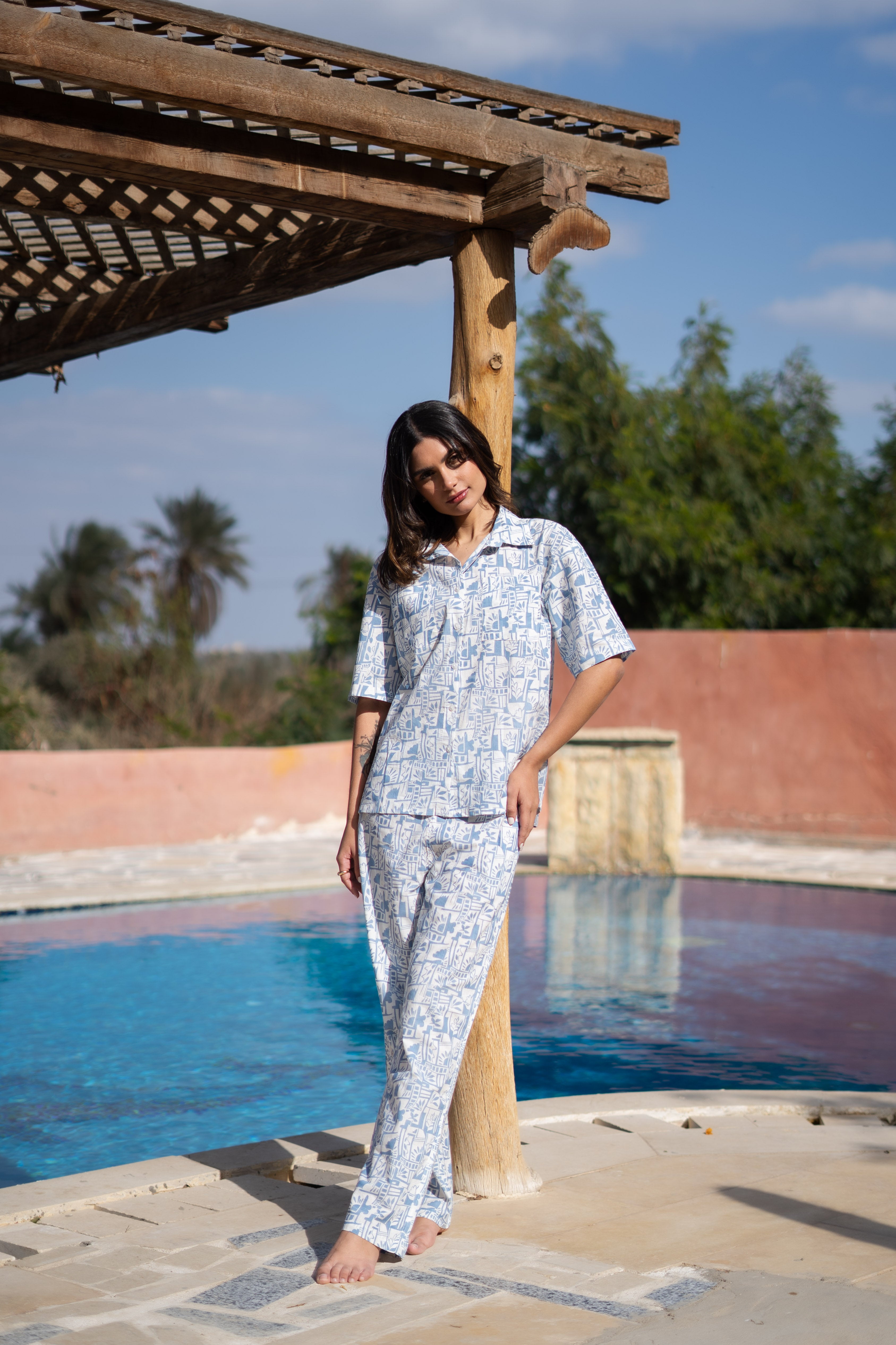 Blue Shirt Collar Abstract Printed Pure Cotton Night Suit