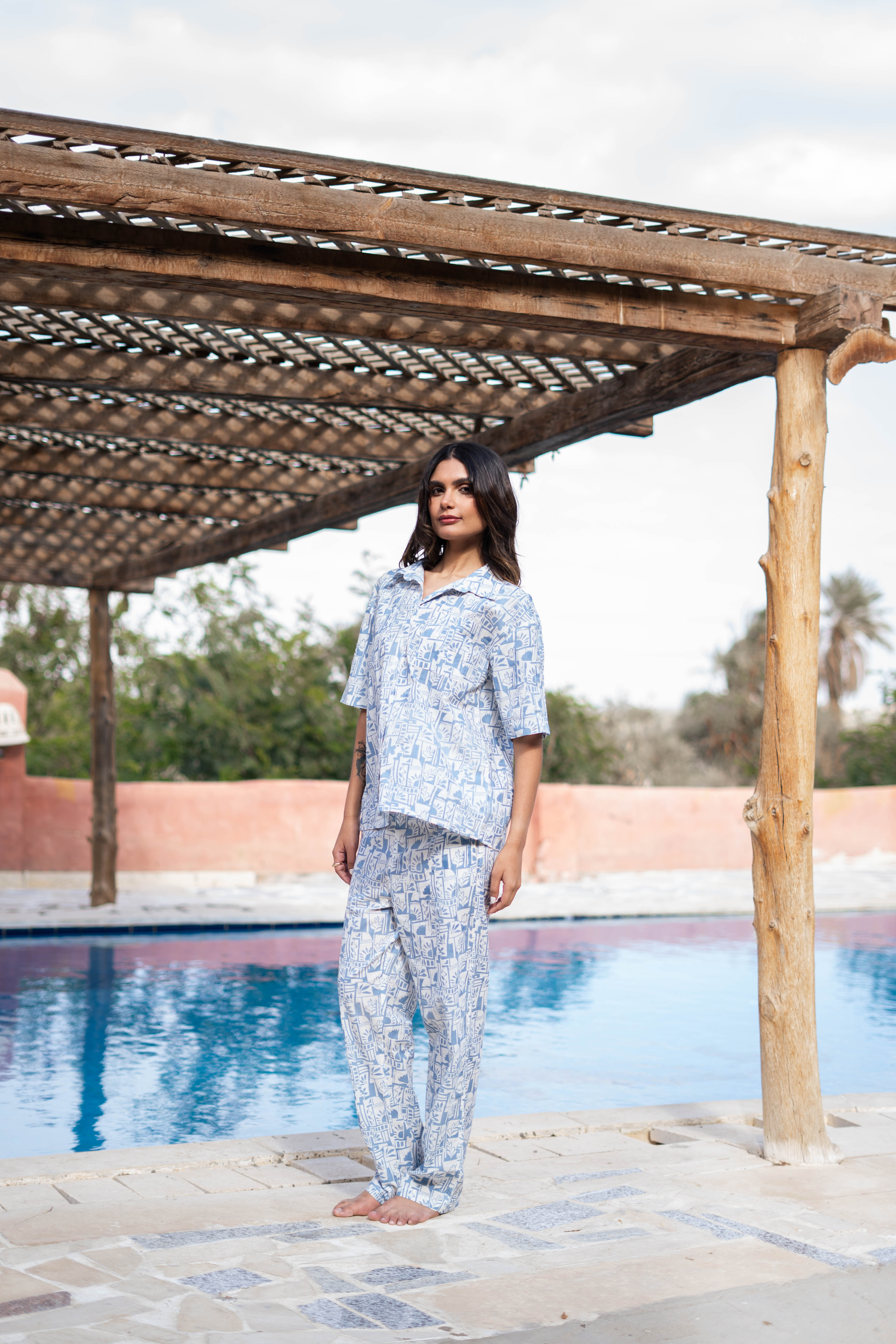 Blue Shirt Collar Abstract Printed Pure Cotton Night Suit