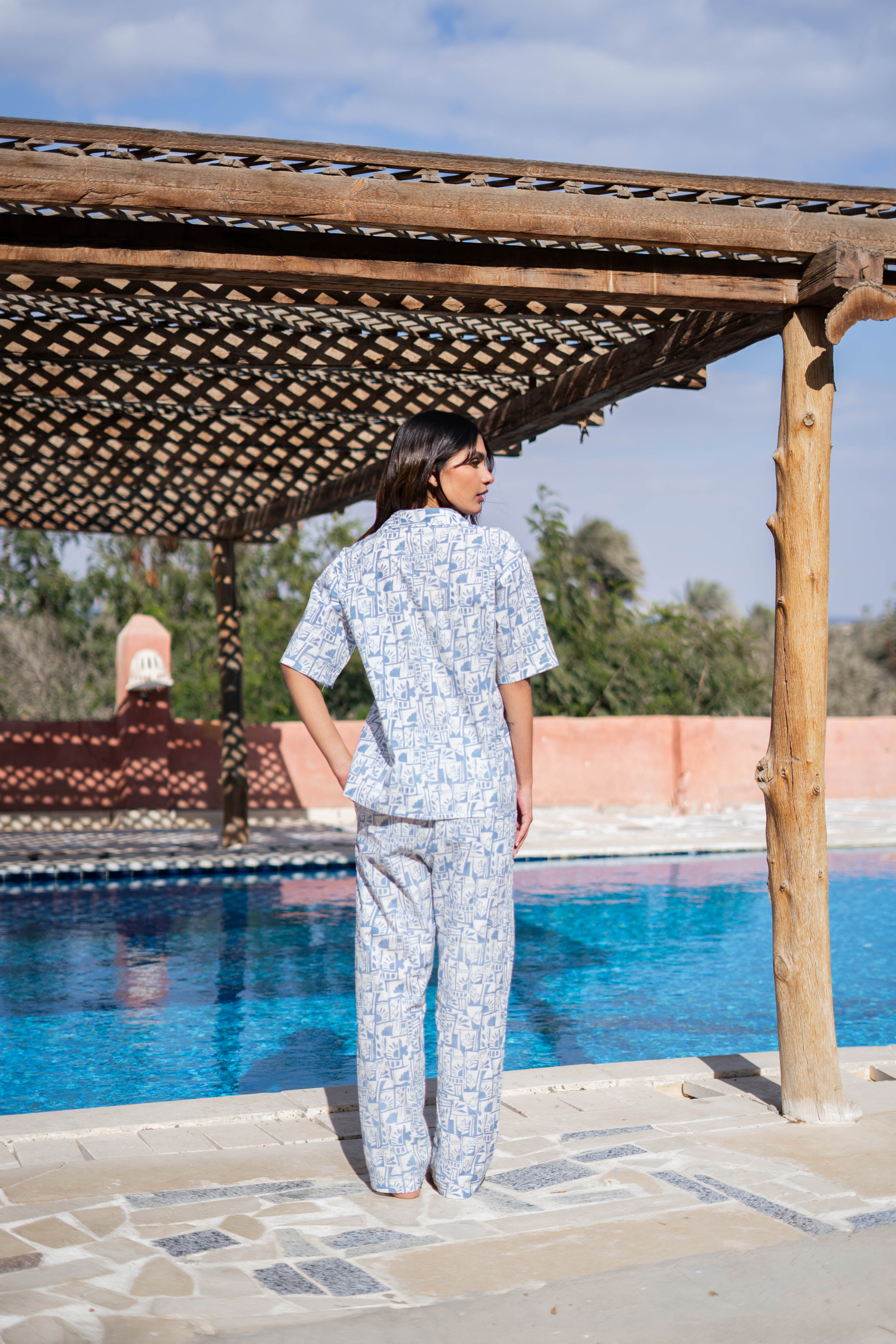 Blue Shirt Collar Abstract Printed Pure Cotton Night Suit