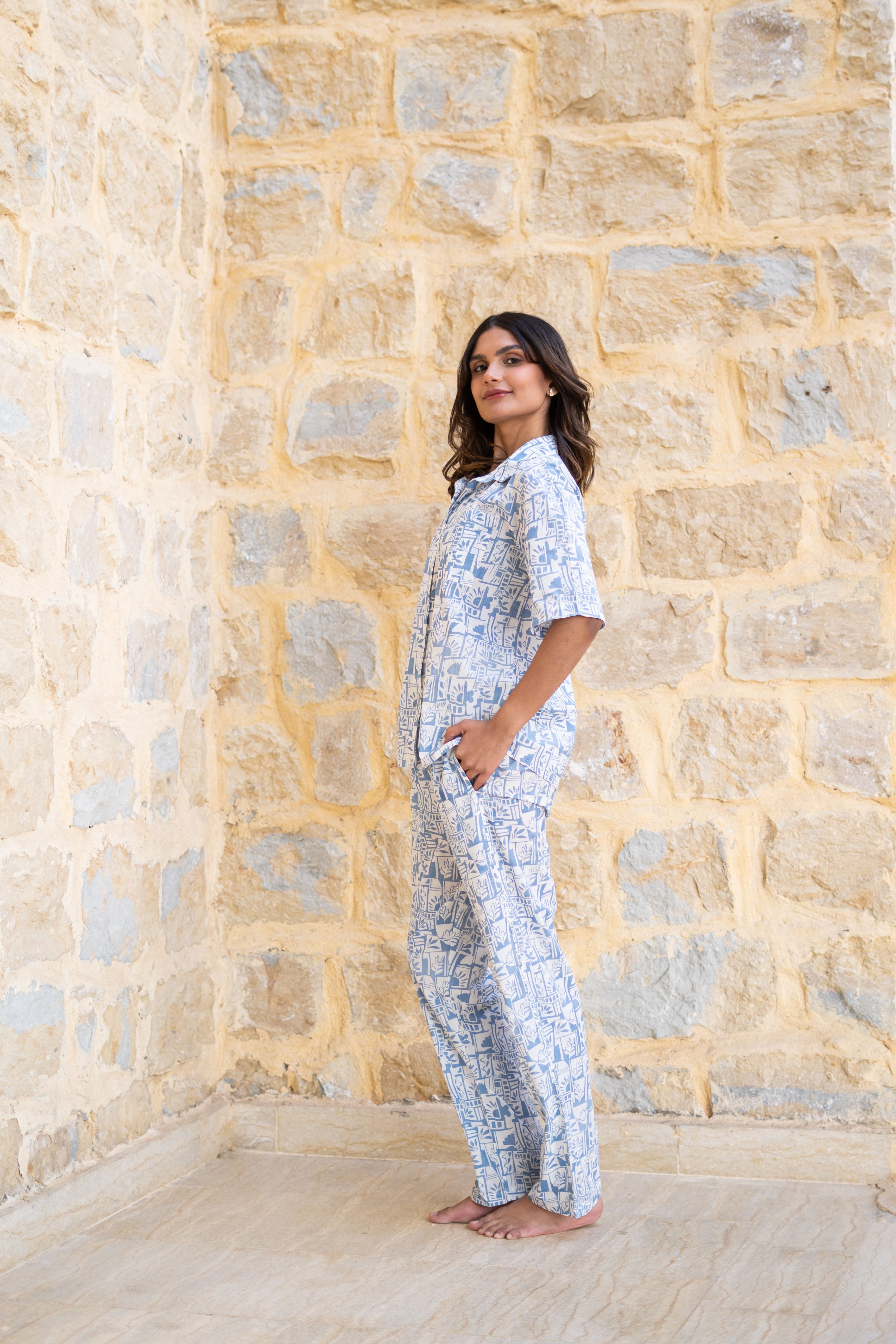 Blue Shirt Collar Abstract Printed Pure Cotton Night Suit