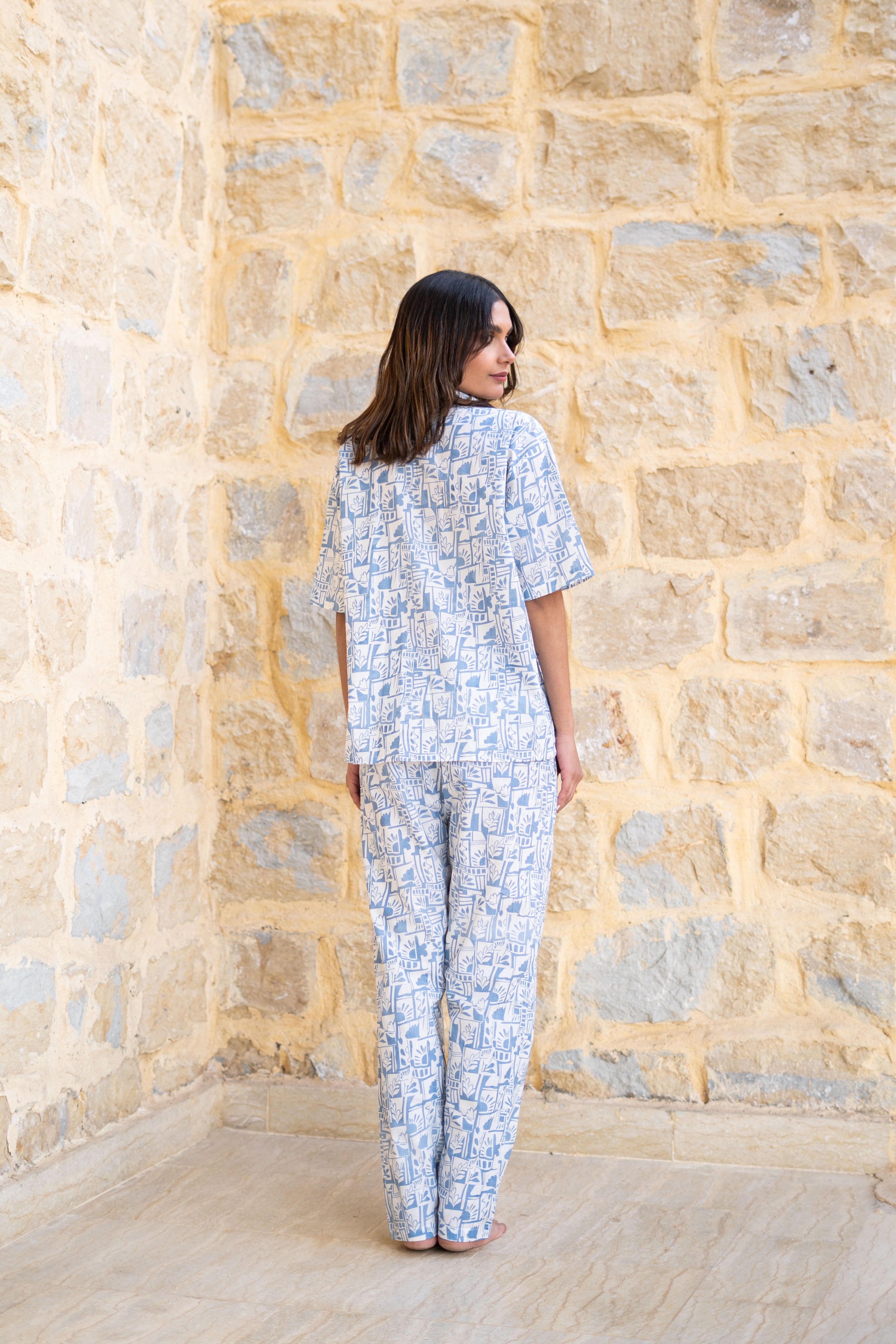 Blue Shirt Collar Abstract Printed Pure Cotton Night Suit