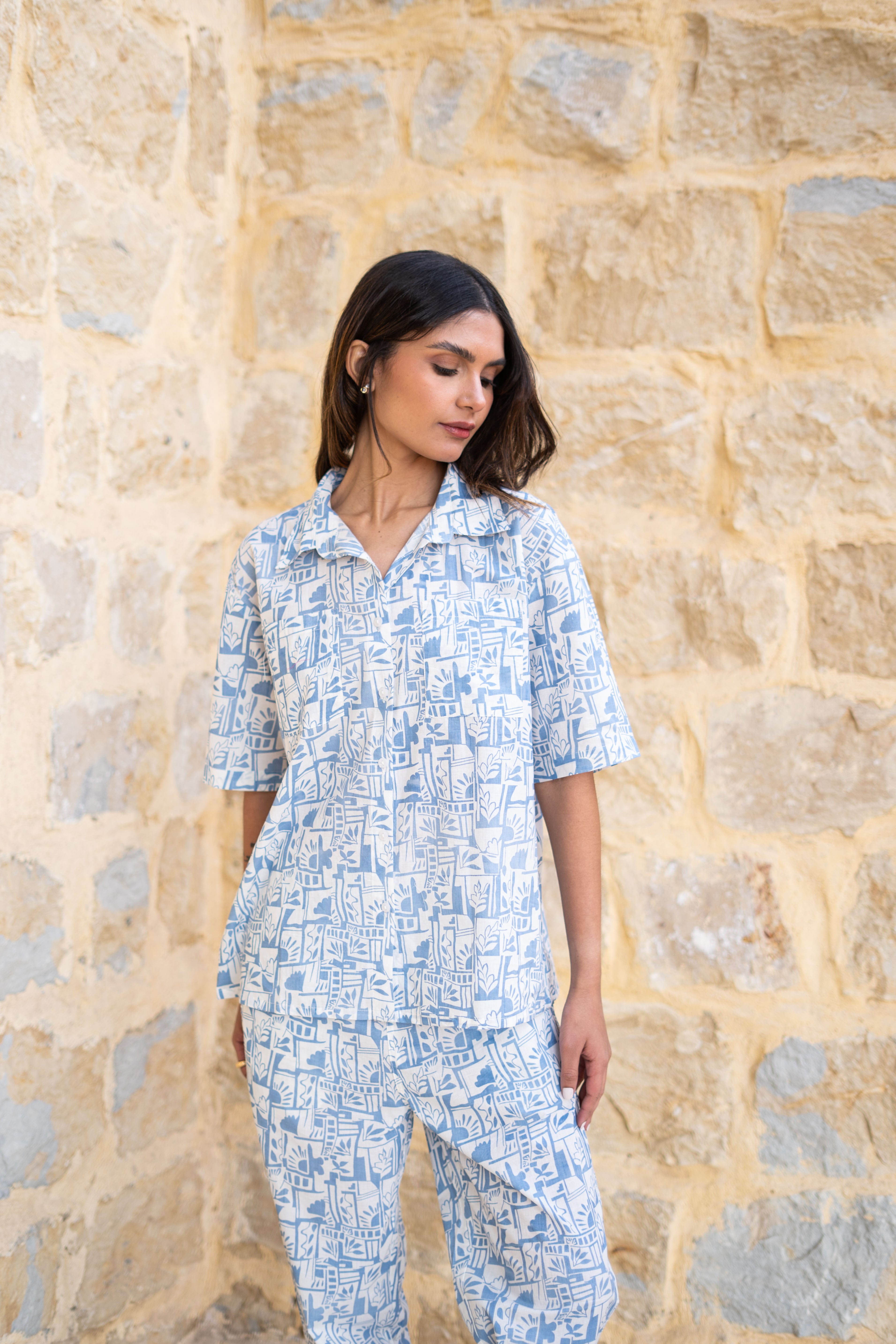 Blue Shirt Collar Abstract Printed Pure Cotton Night Suit