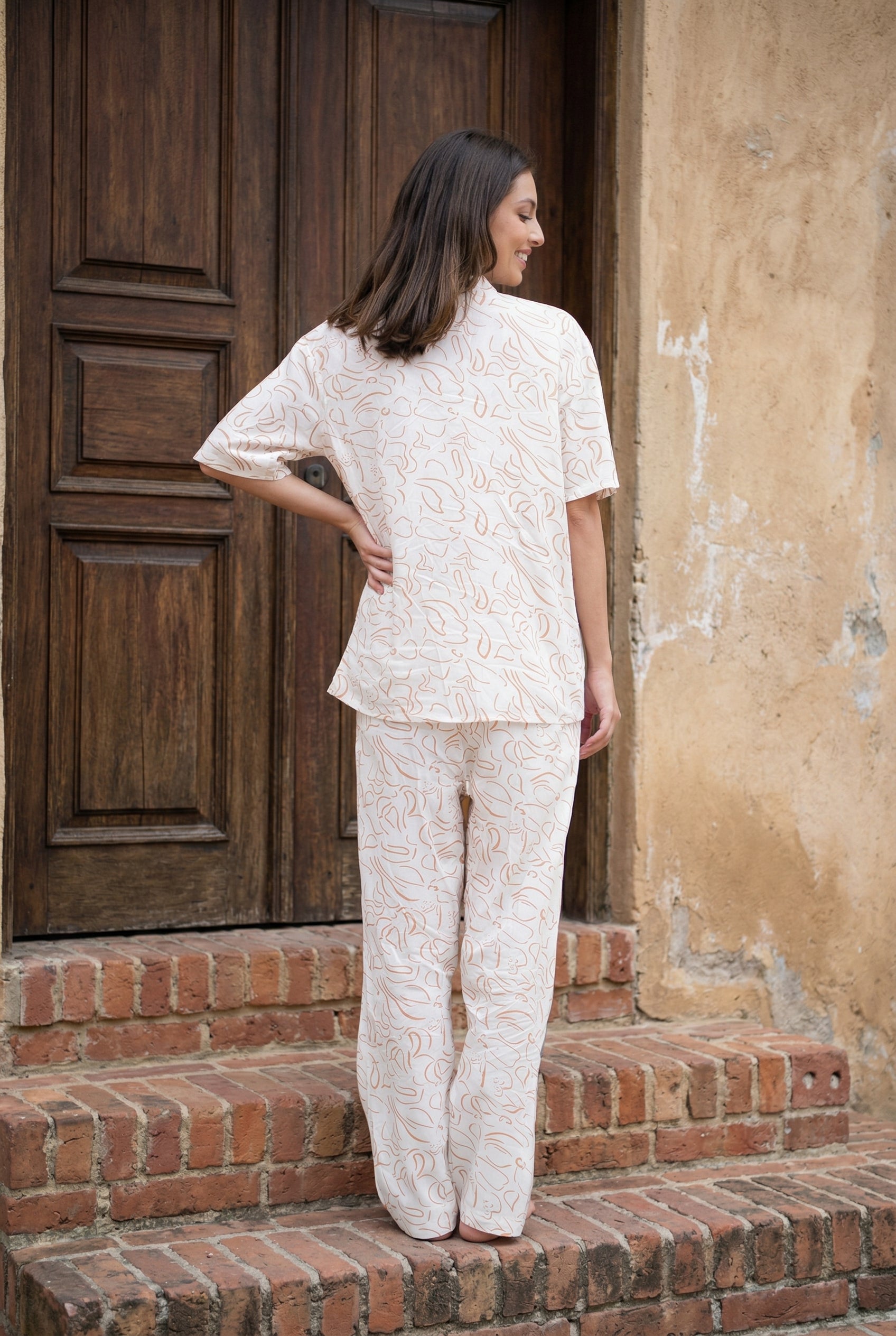 White Abstract Print Shirt Collar Pure Cotton Night Suit For Women