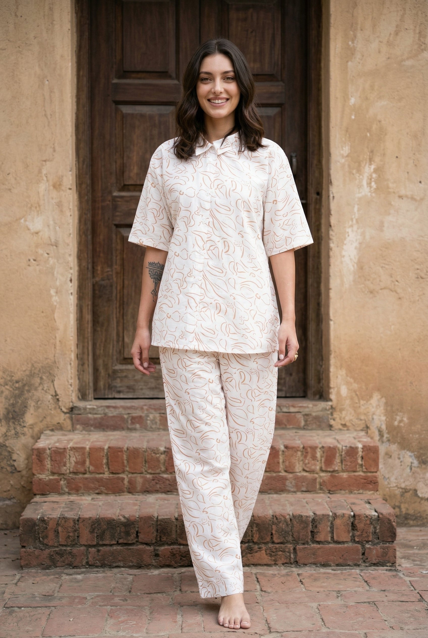 White Abstract Print Shirt Collar Pure Cotton Night Suit For Women