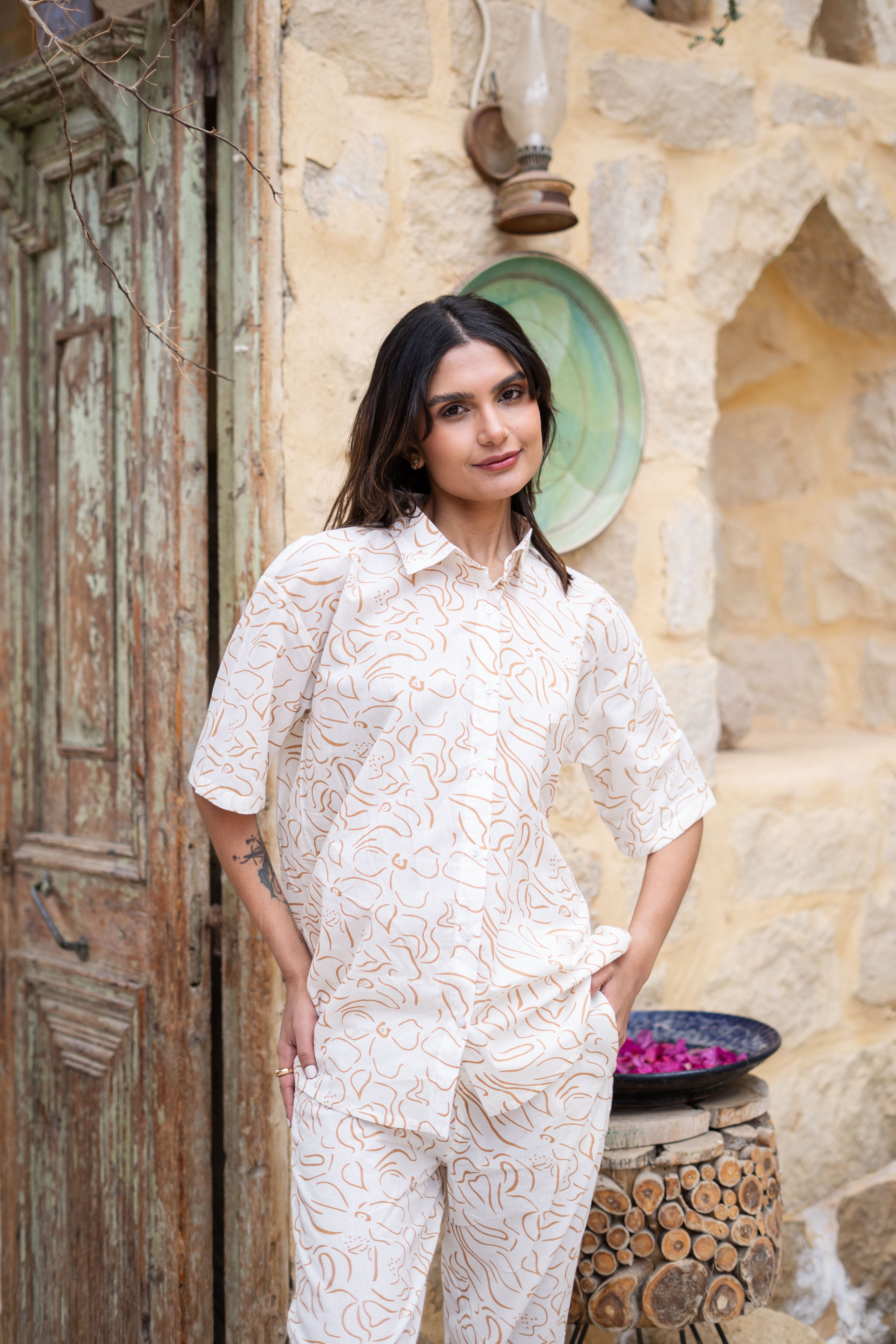 White Shirt Collar Floral Printed Pure Cotton Night Suit