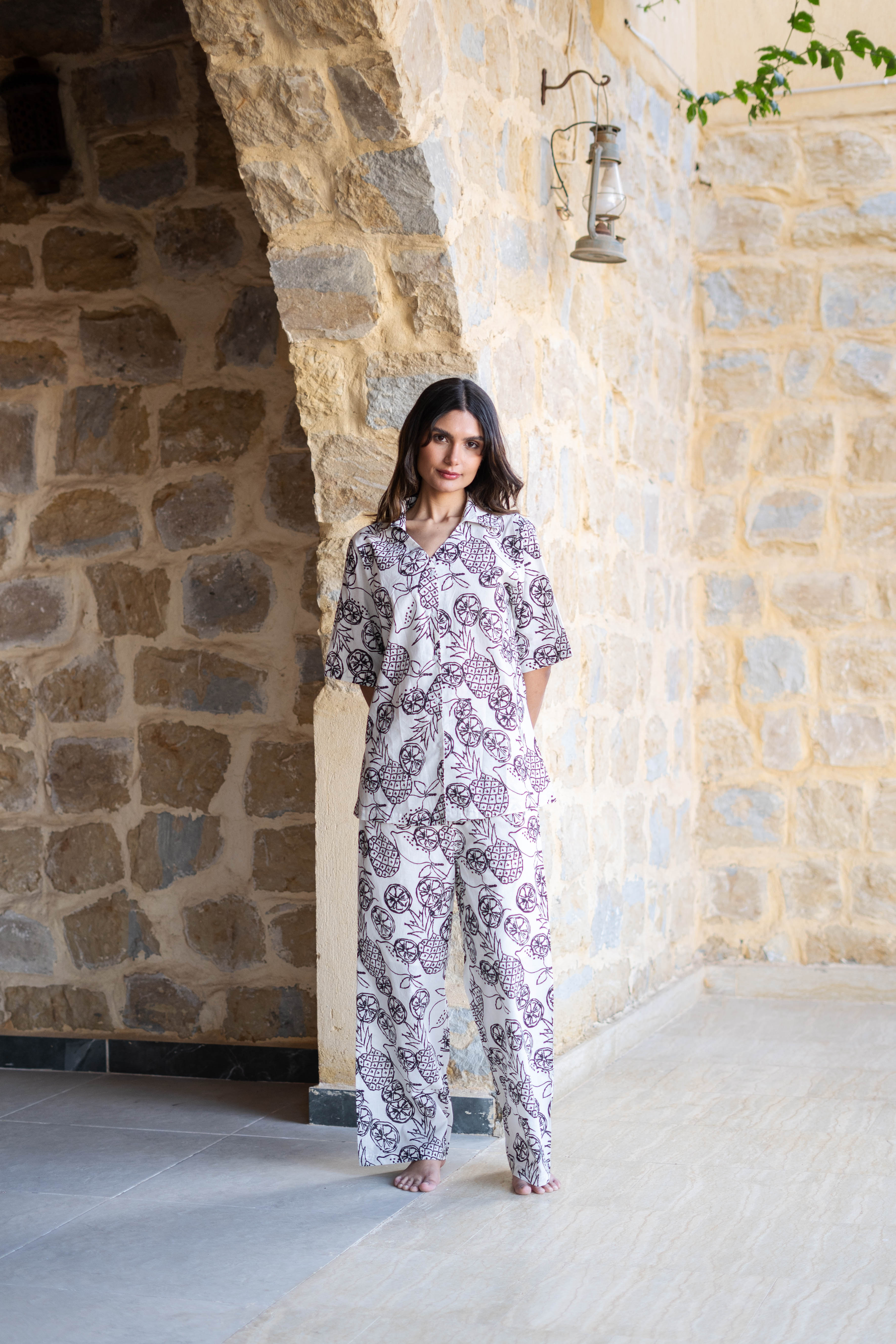 White V-Neck Tropical Printed Pure Cotton Night Suit