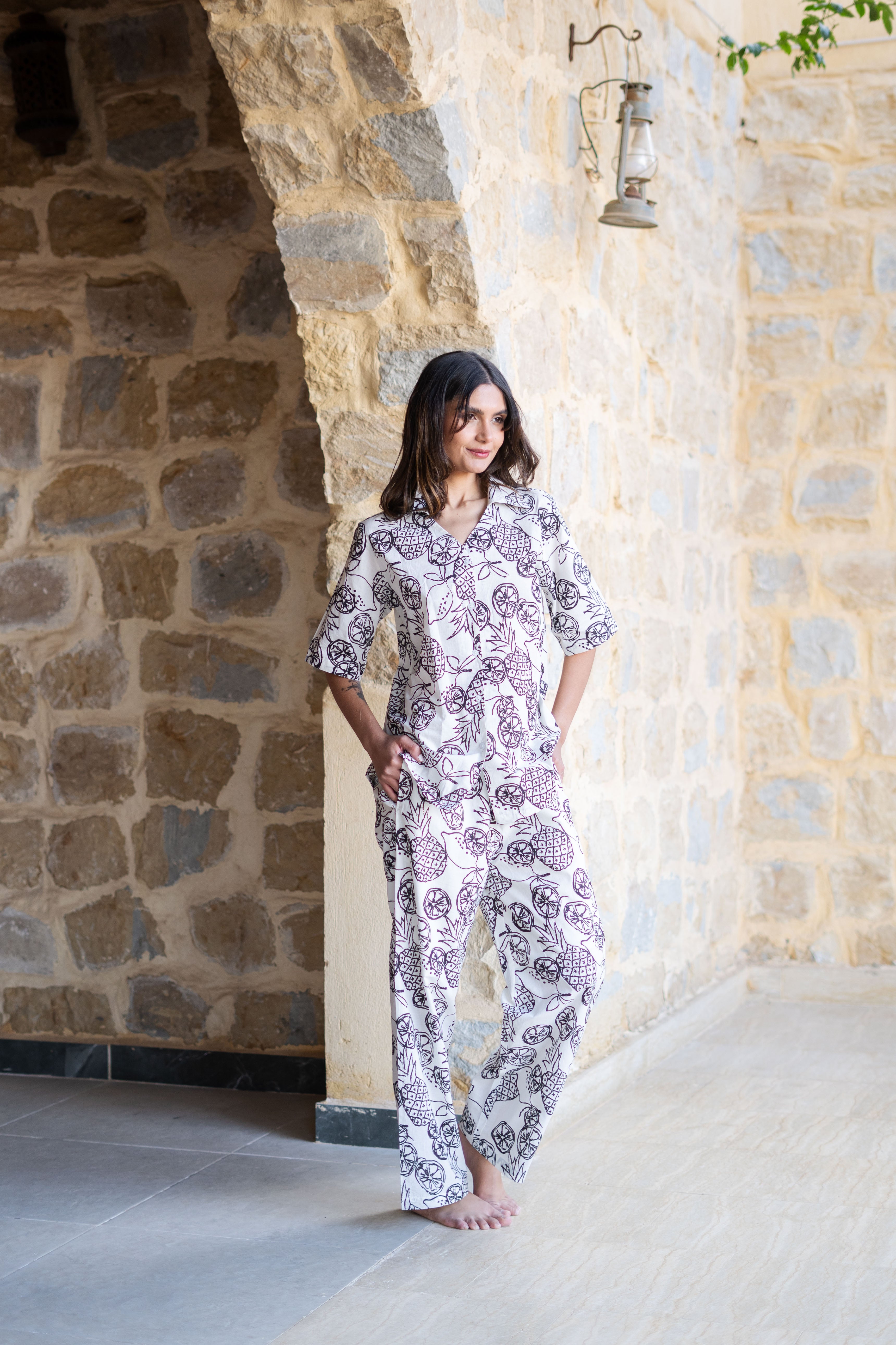 White V-Neck Tropical Printed Pure Cotton Night Suit