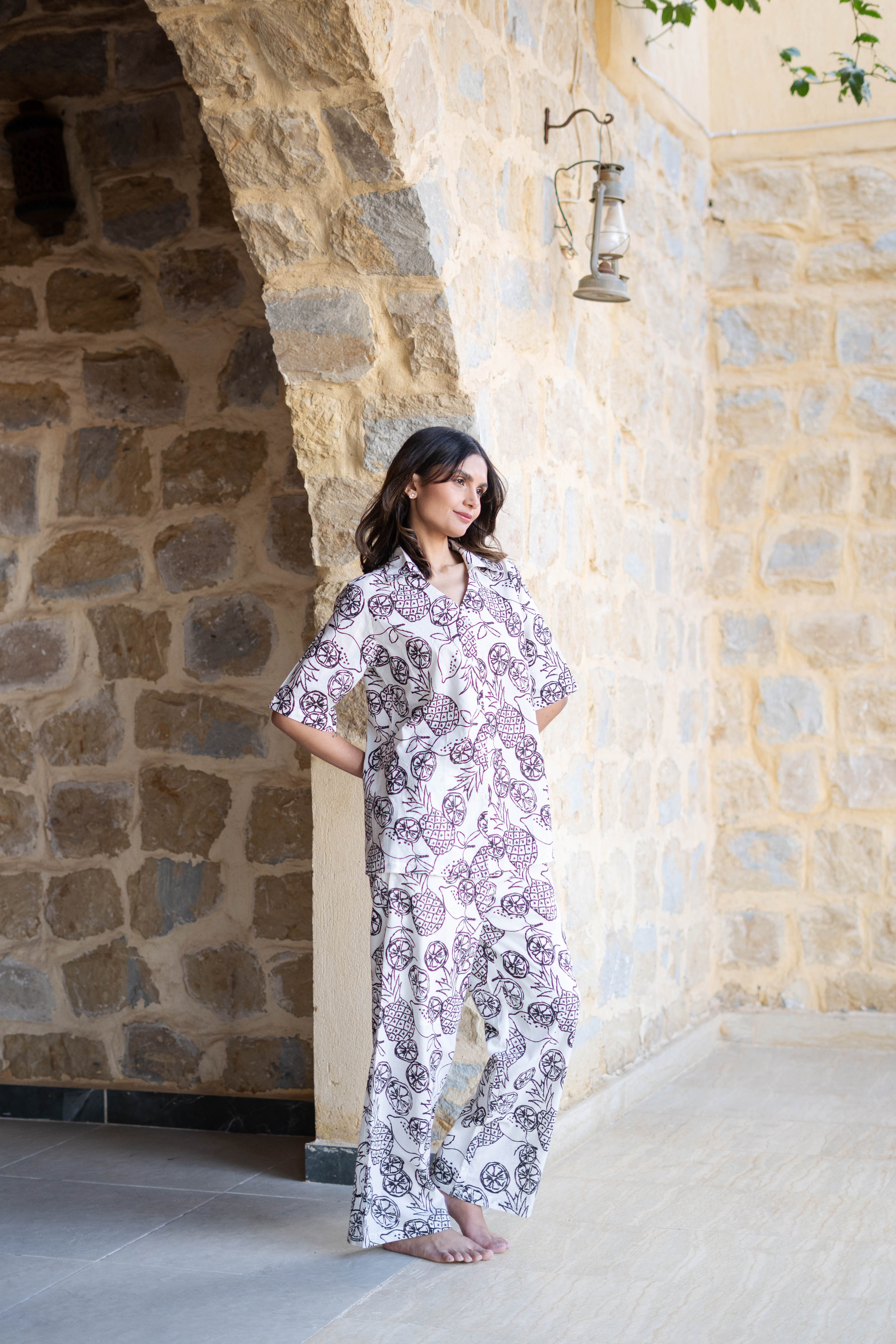 White V-Neck Tropical Printed Pure Cotton Night Suit