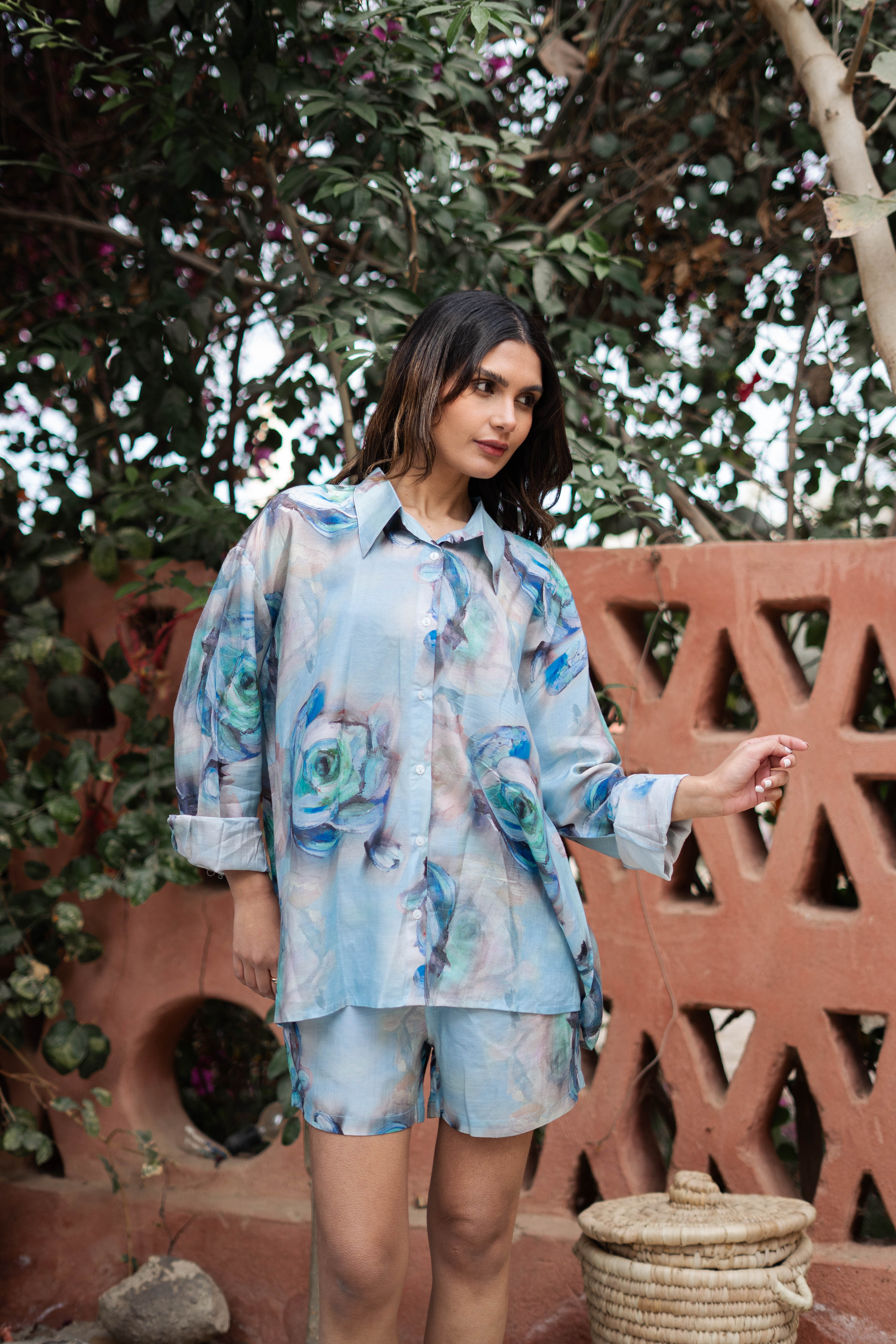 Blue Shirt Collar Viscose Rayon Printed Co-Ords Set