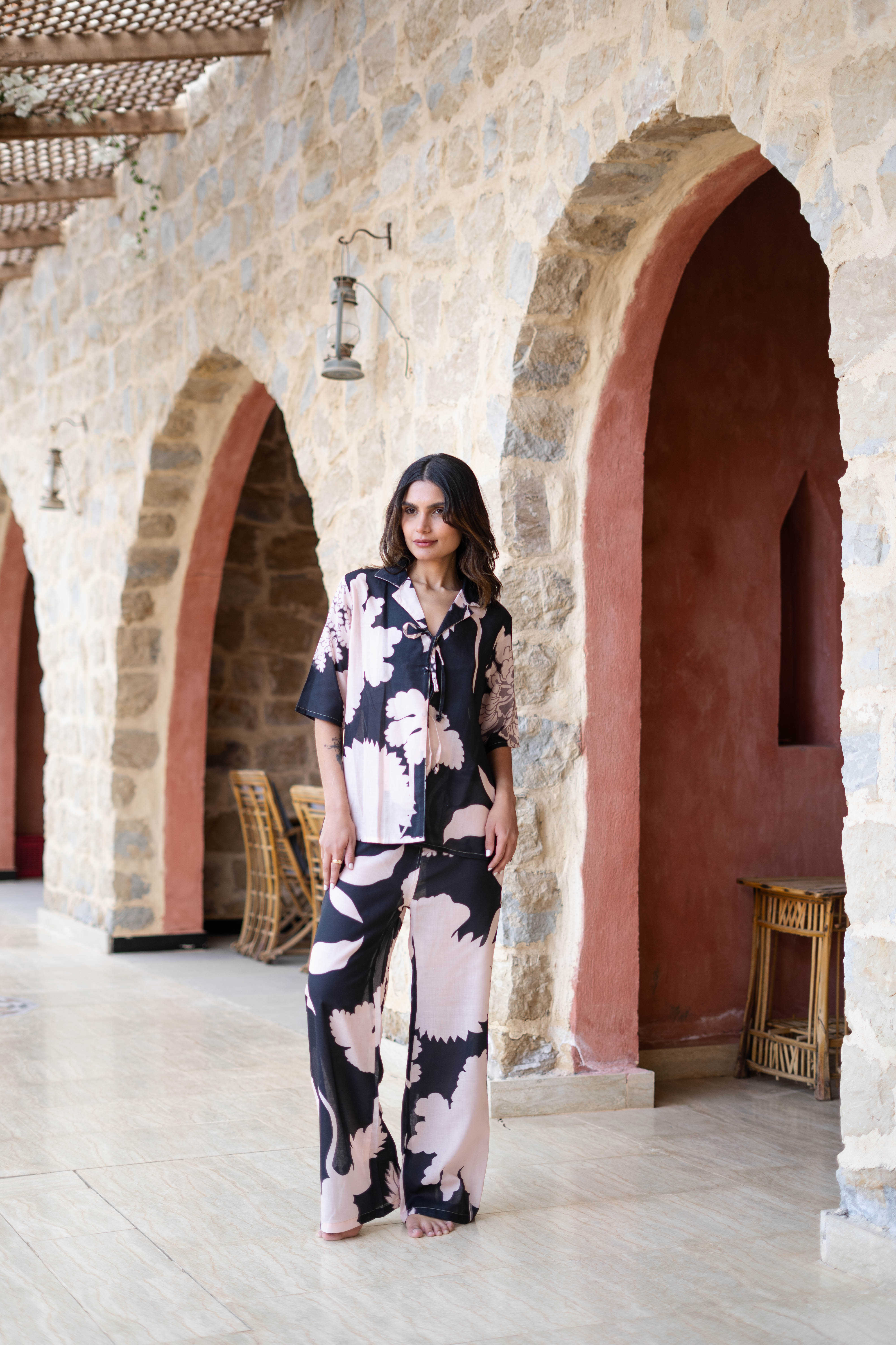 Black Shirt Collar Linen Dyed Co-Ords Set
