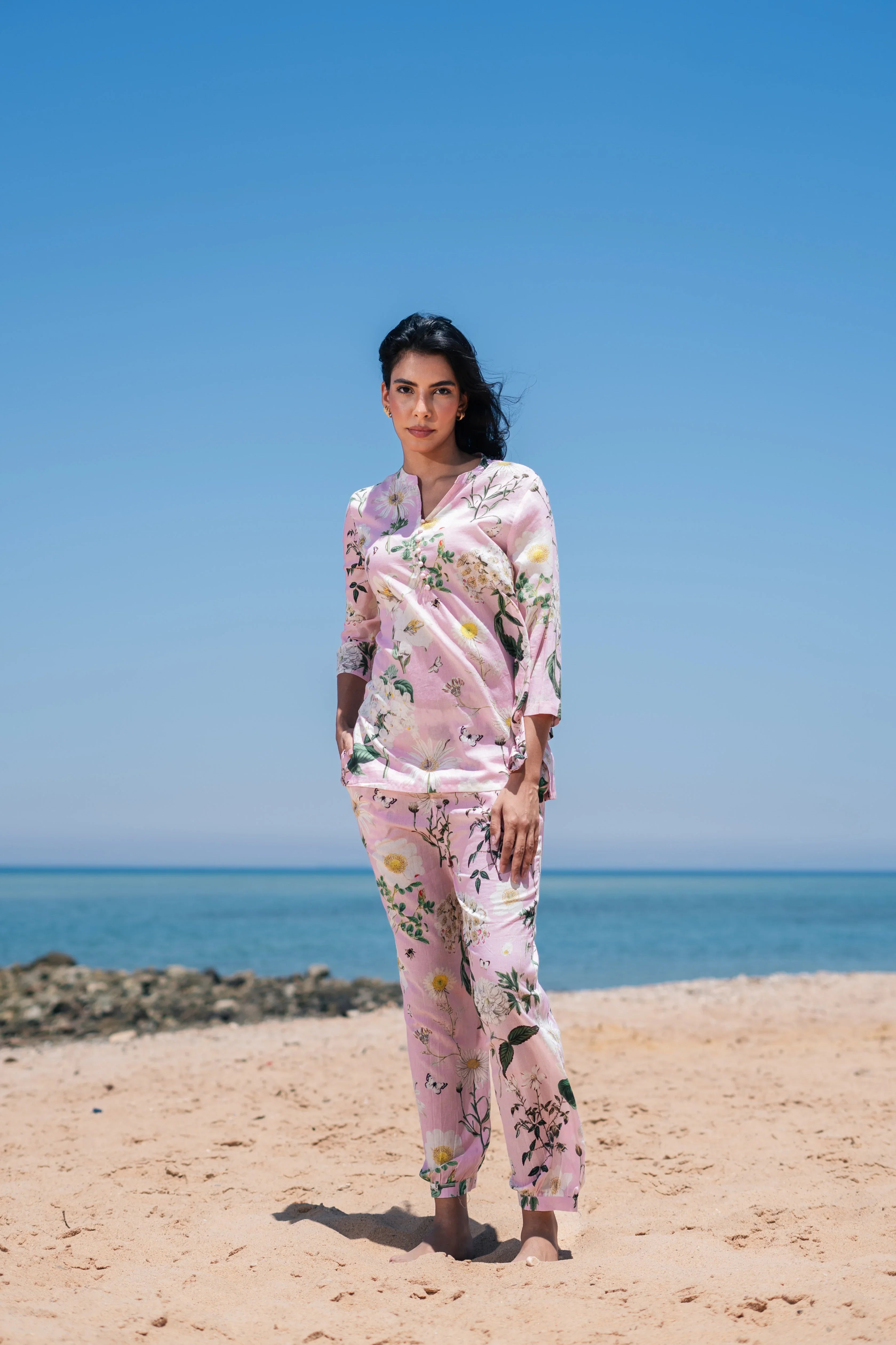 Pink Flower Printed Cotton Night Suit Set - SanskrutiHomes