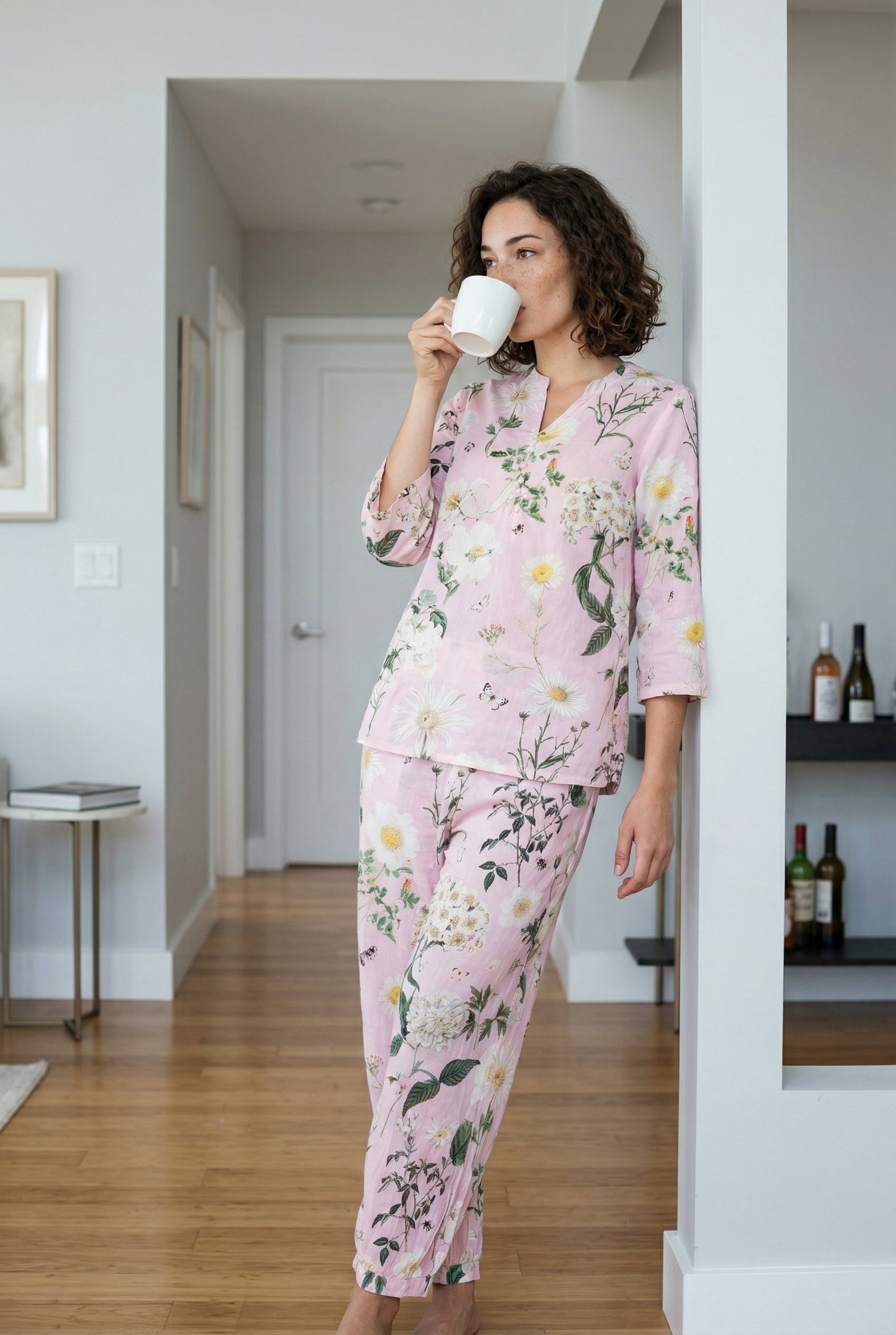 Pink Floral Print Mandarin Collar Night Suit Set For Women