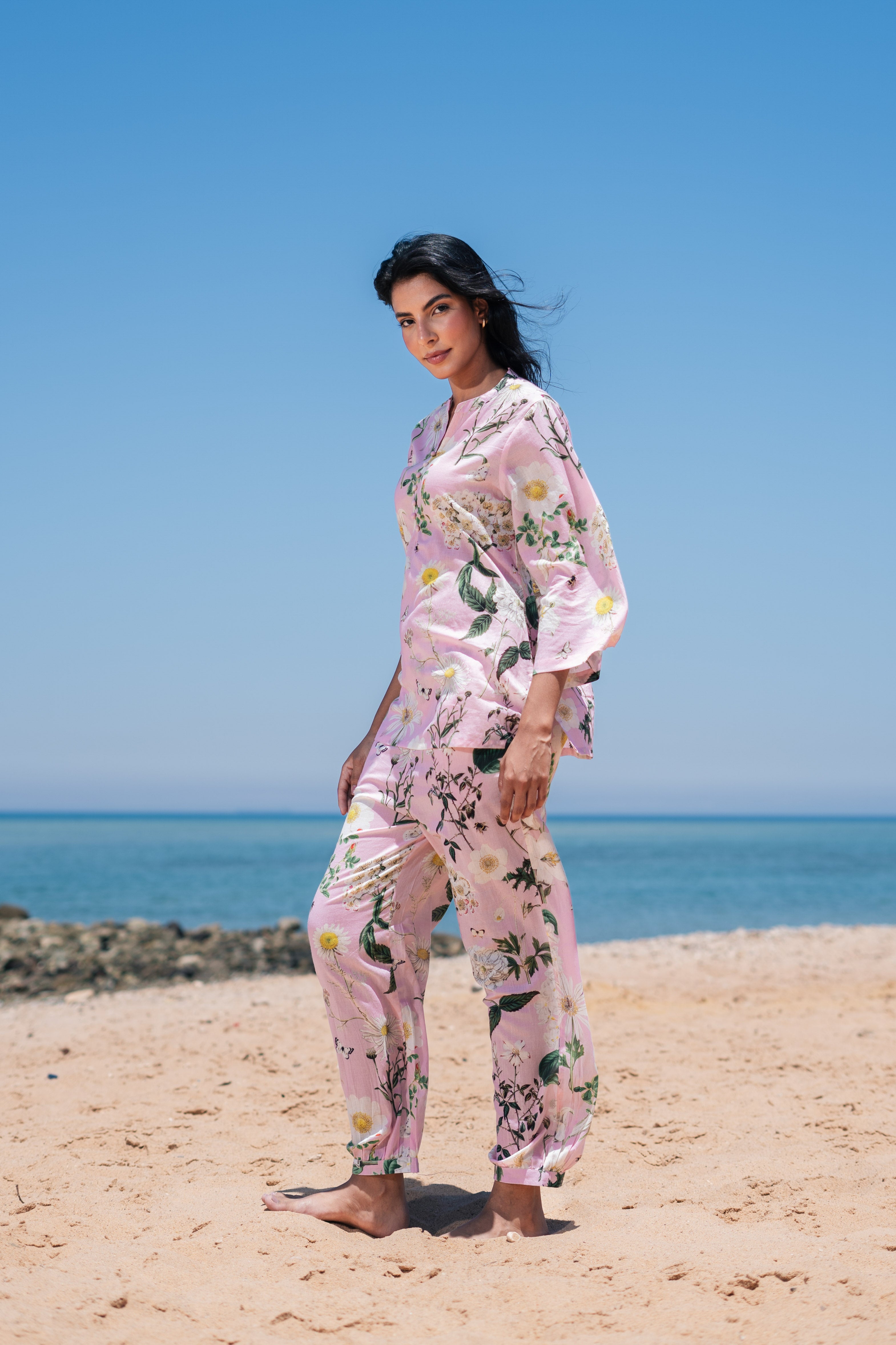 Pink Flower Printed Cotton Night Suit Set
