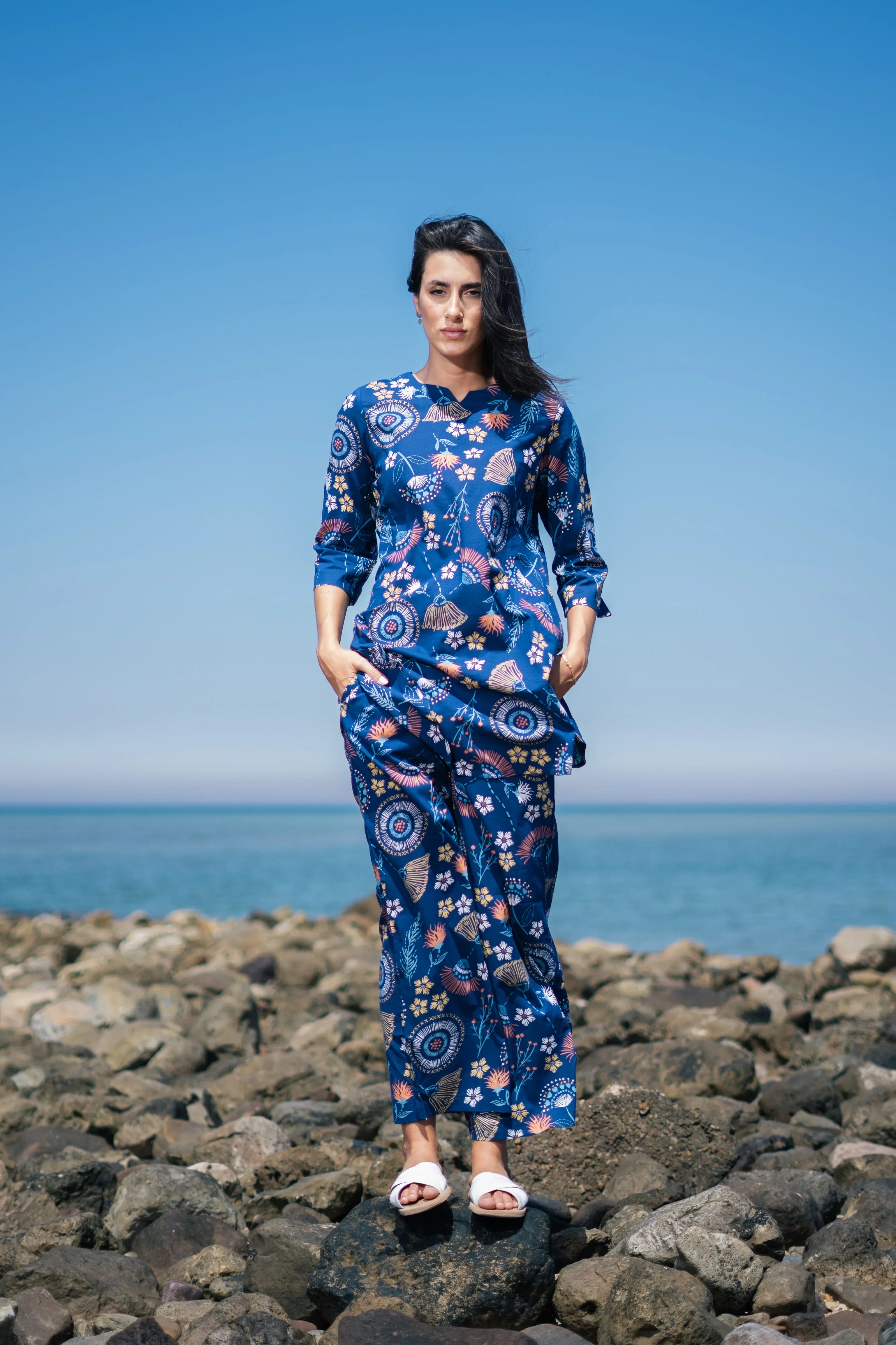 Women Blue Cotton Printed Night Suit Set - SanskrutiHomes