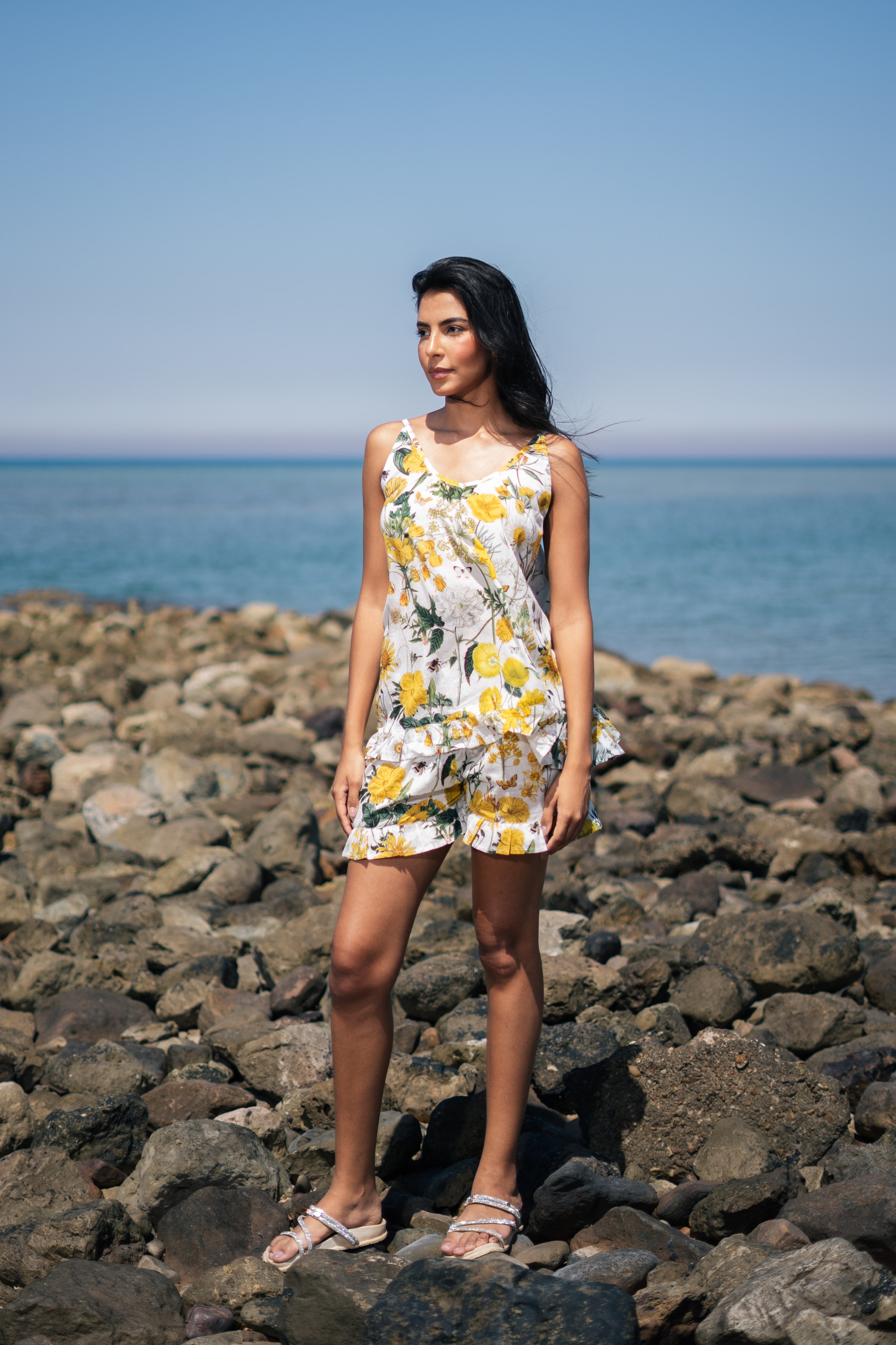 Yellow Floral Printed Cotton Round Neck Night Suit